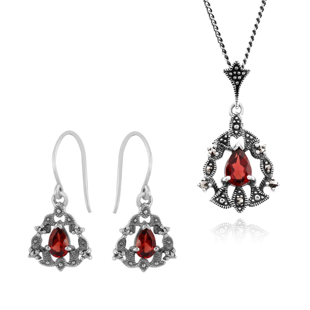 214E718801925-214N540201925 Art Nouveau Style Pear Garnet & Marcasite Garland Halo Drop Earrings & Pendant Set in Silver 1