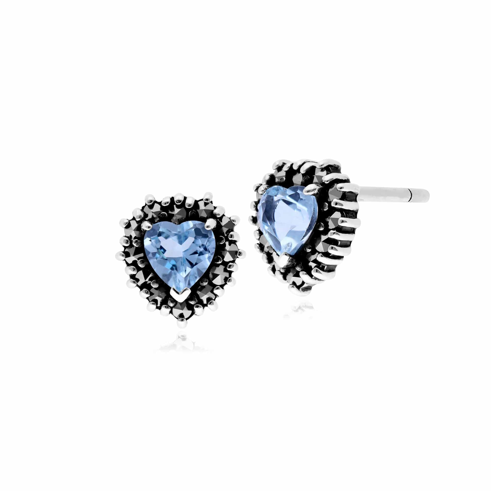 214E725704925 Classic Heart Blue Topaz & Marcasite Halo Heart Stud Earrings in 925 Sterling Silver 1