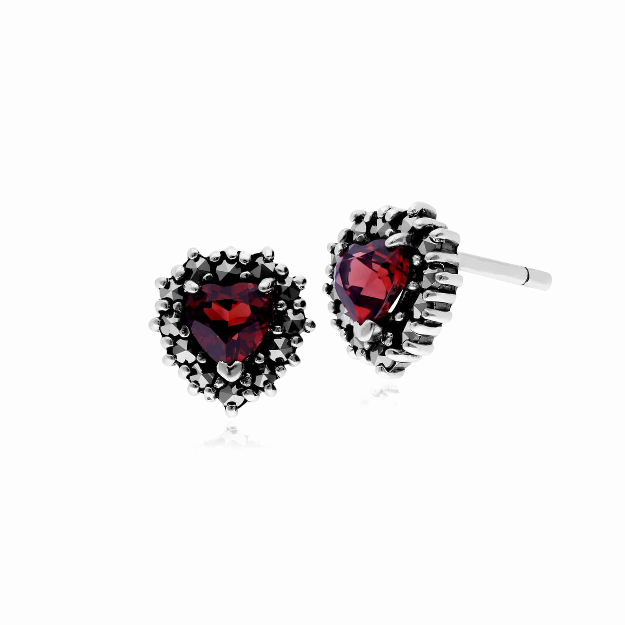 214E725705925 Classic Heart Garnet & Marcasite Halo Heart Stud Earrings in 925 Sterling Silver 1