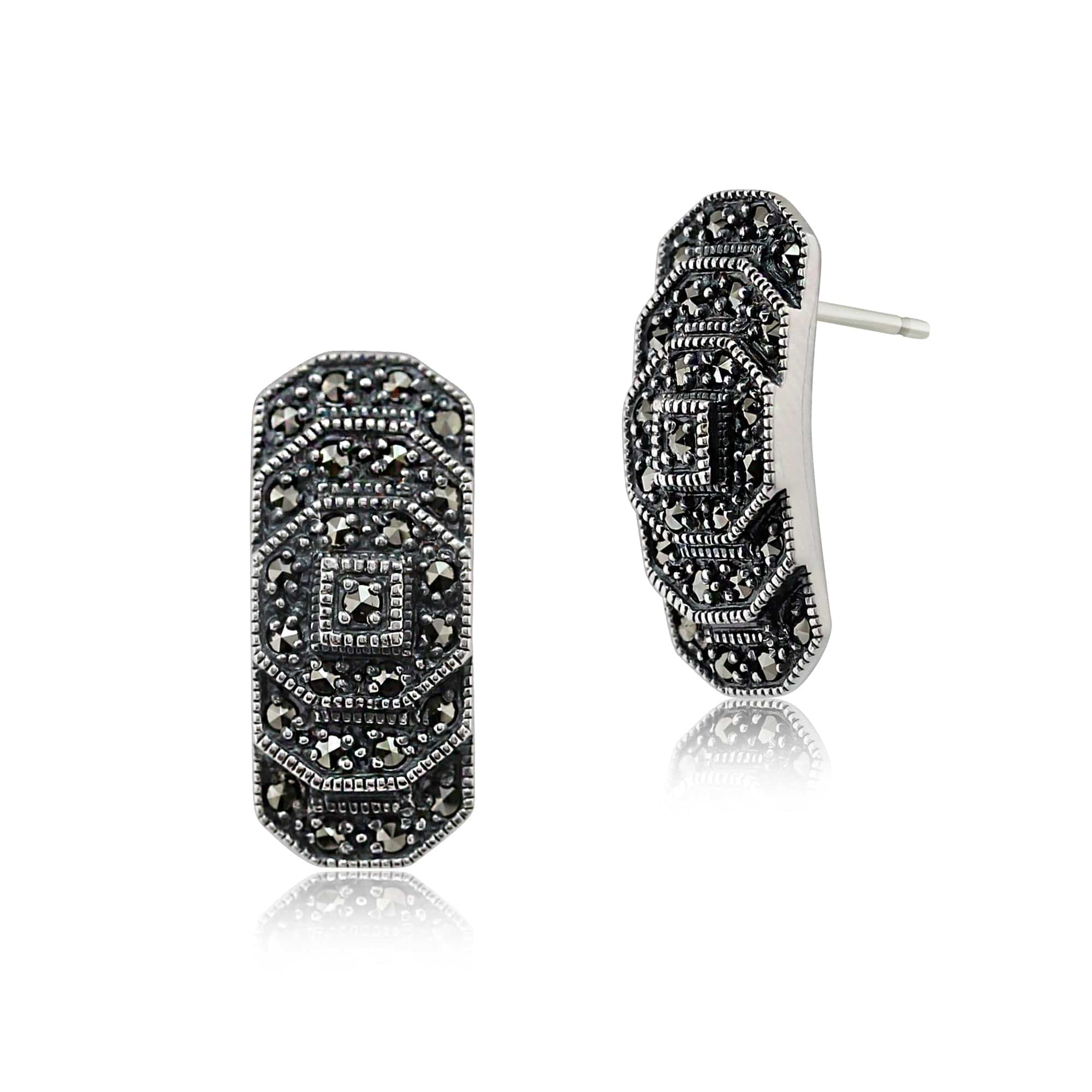 Art Deco Style Round Marcasite Stepped Stud Earrings in 925 Sterling Silver - Gemondo