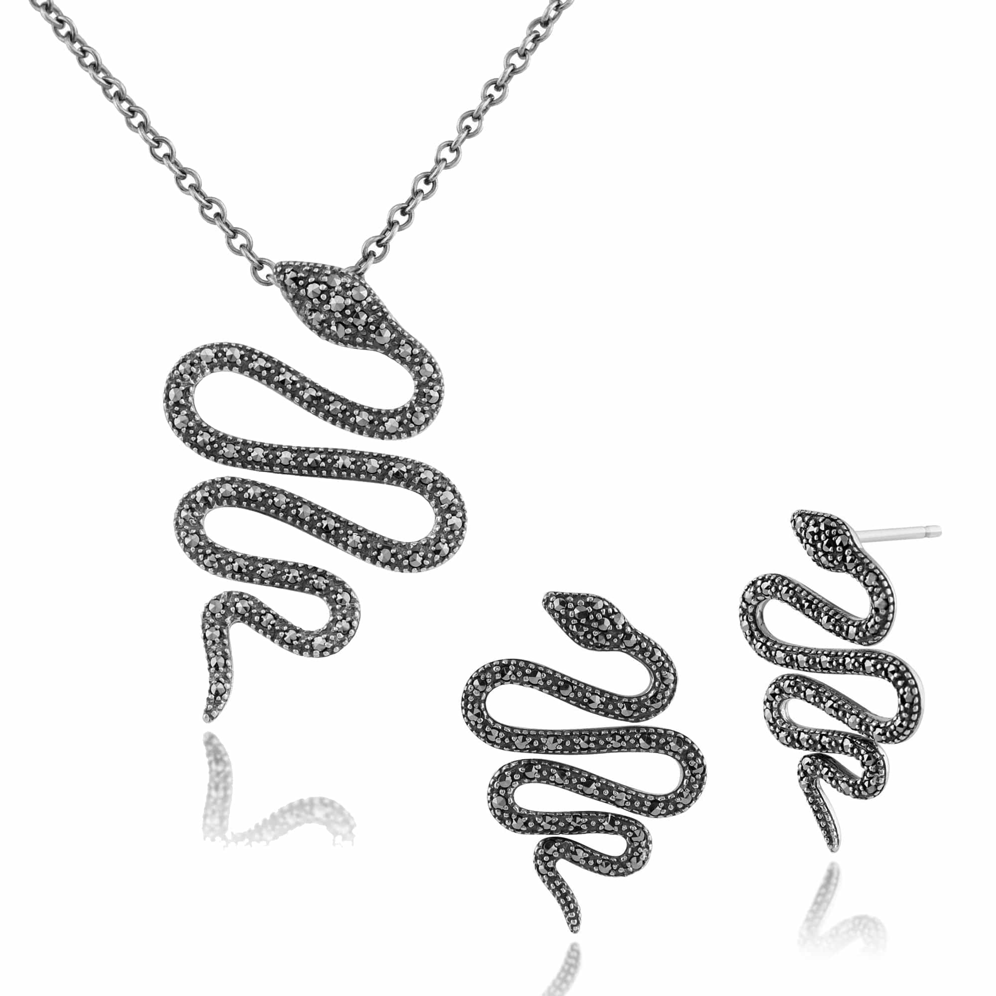 214E816701925-214N672601925 Art Nouveau Style Style Round Marcasite Snake Drop Earrings & Pendant Set in 925 Sterling Silver 1