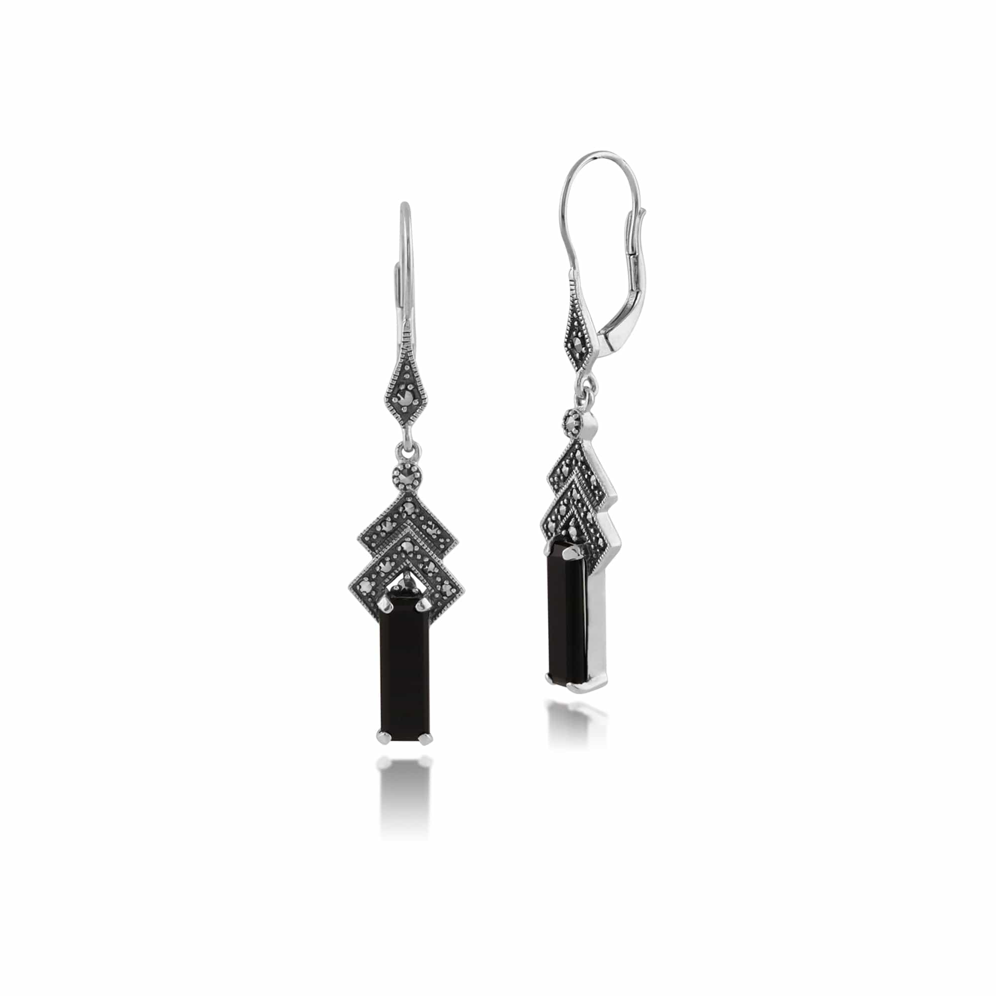 Art Deco Style Rectangle Black Onyx & Marcasite Drop Earrings in 925 Sterling Silver