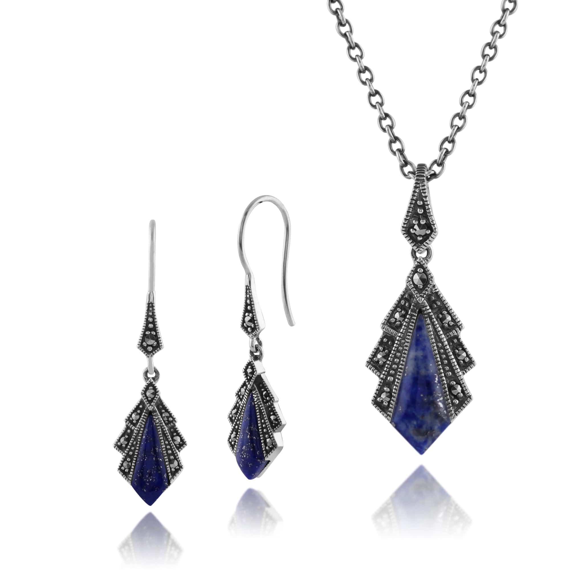 214E823202925-214N658202925 Art Deco Style Style Lapis Lazuli & Round Marcasite Fan Drop Earrings & Pendant Set in 925 Sterling Silver 1