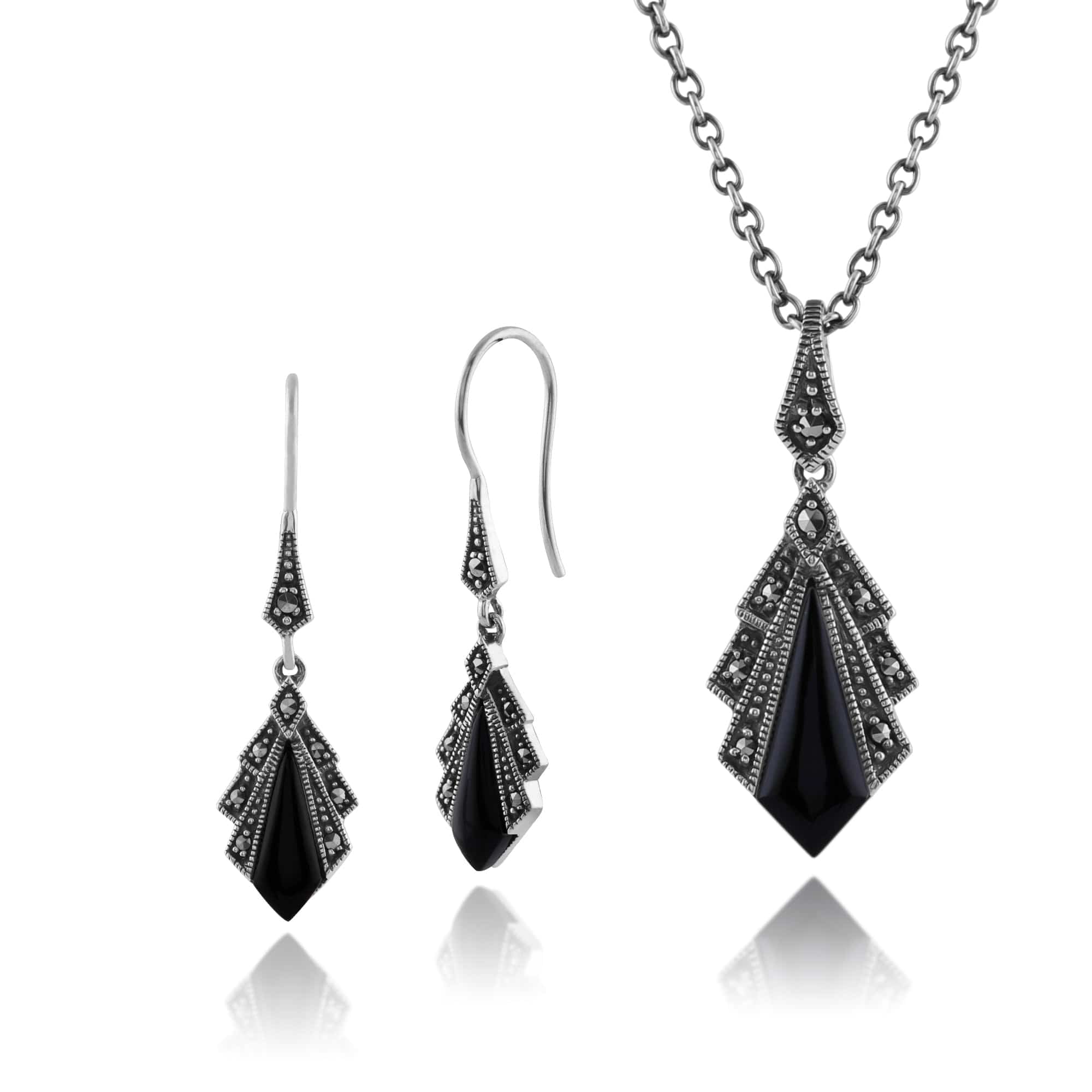 214E823204925-214N658204925 Art Deco Style Style Black Onyx & Marcasite Fan Drop Earrings & Pendant Set in 925 Sterling Silver 1