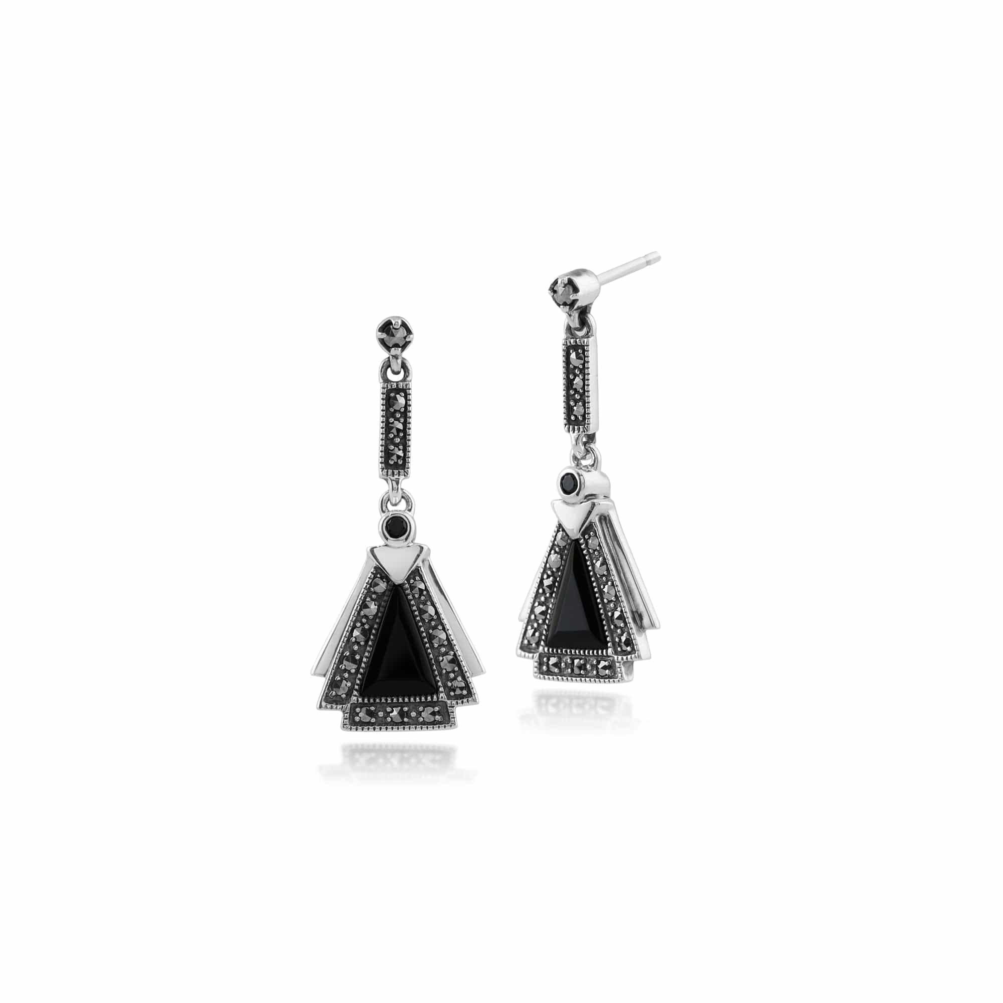 Sterling Silver Art Deco Black Onyx, Black Spinel & Marcasite Drop Earrings Image