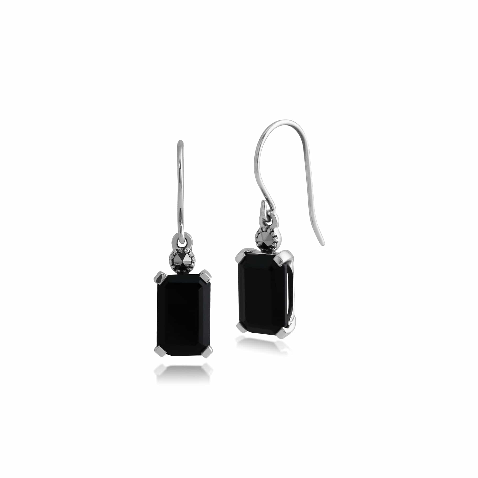 Geometric Hexagon Black Onyx Rectangle Drop Earrings & Pendant Set in 925 Sterling Silver - Gemondo