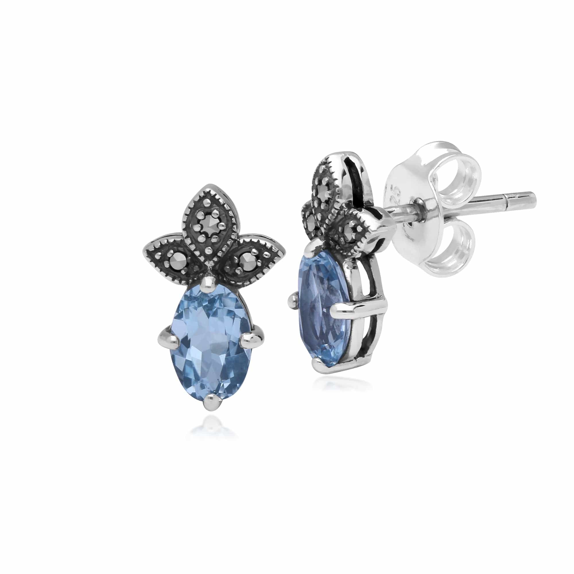214E845002925 Art Deco Style Oval Blue Topaz & Marcasite Stud Earrings In Sterling Silver 1