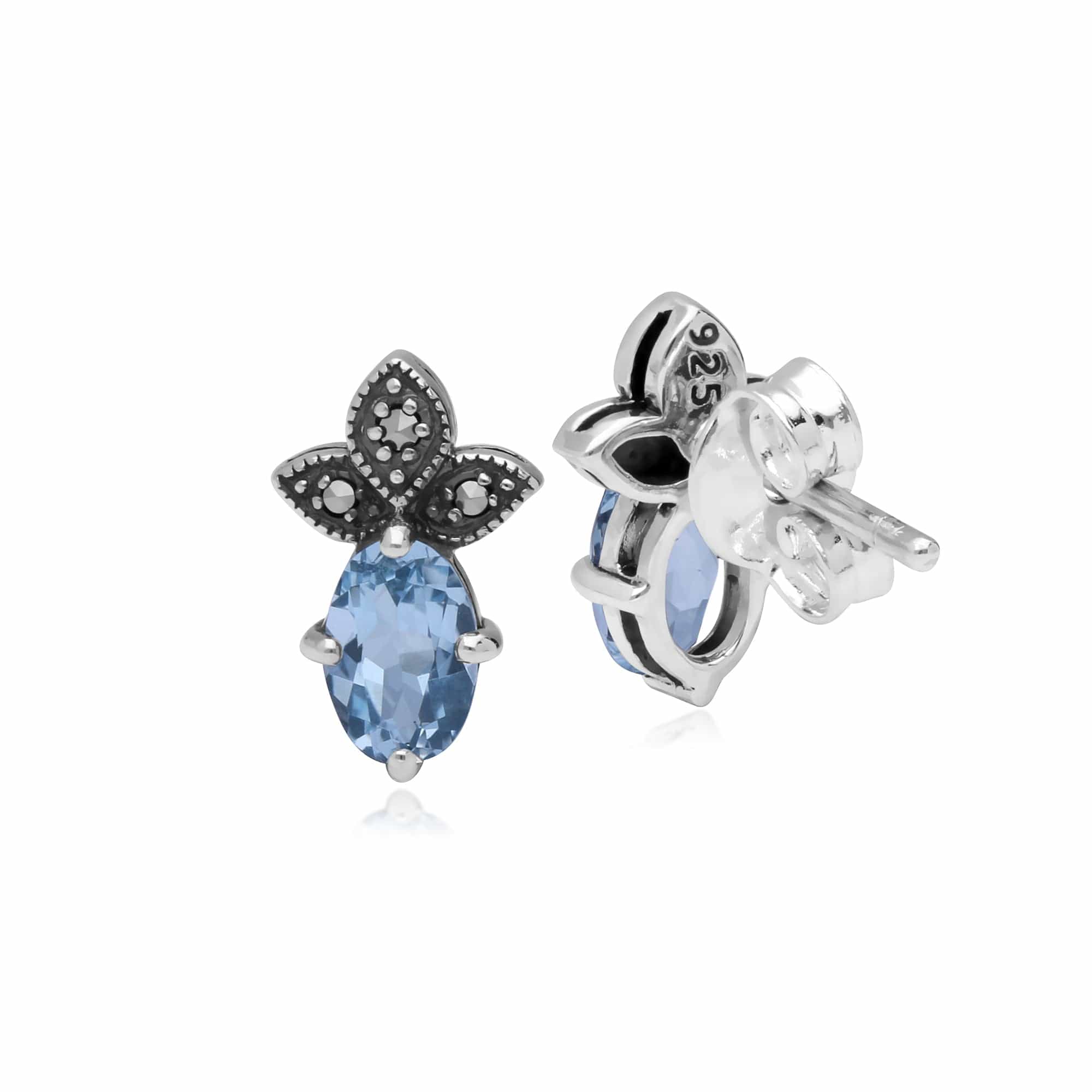 214E845002925 Art Deco Style Oval Blue Topaz & Marcasite Stud Earrings In Sterling Silver 2