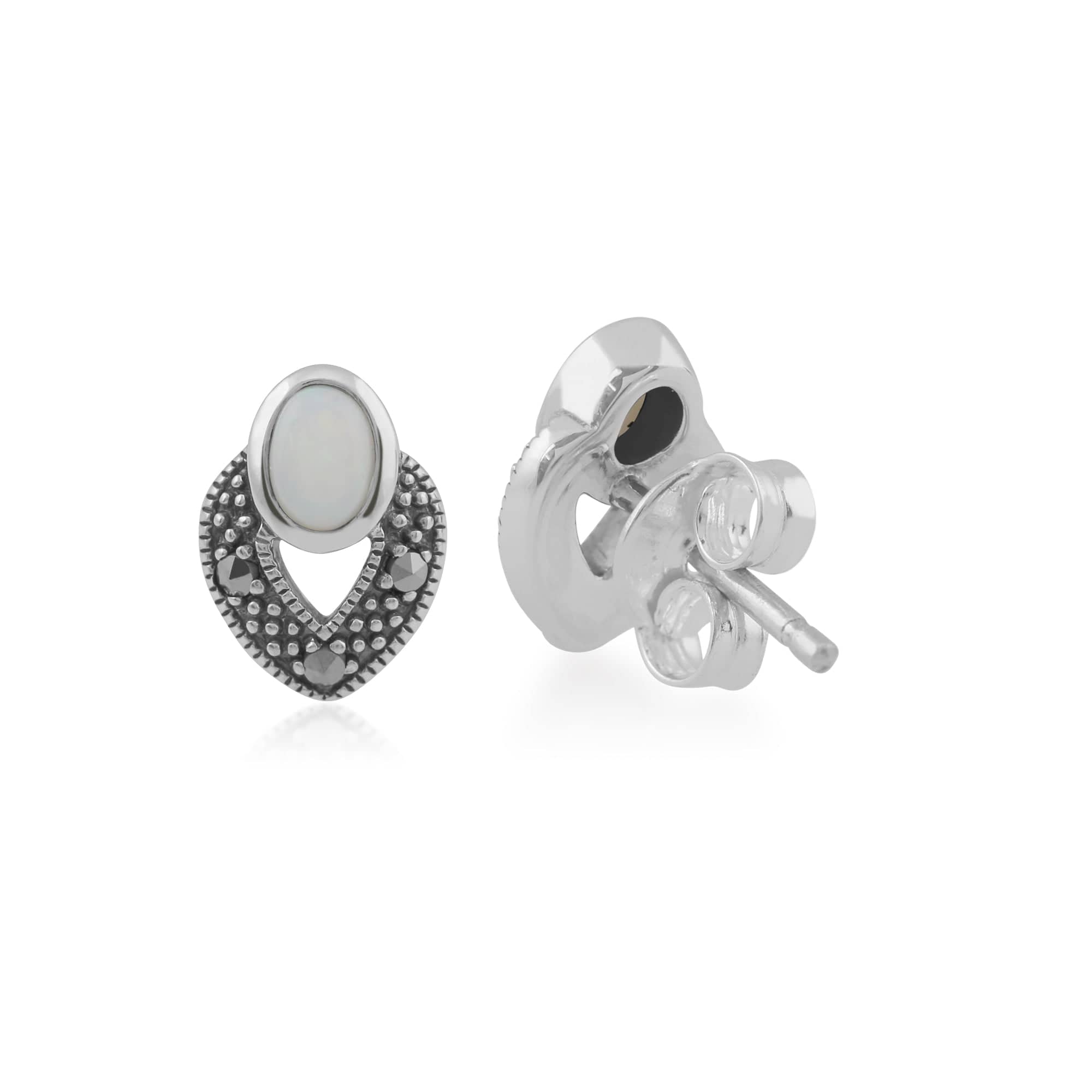 214E850101925 Art Deco Style Oval Opal & Marcasite Stud Earrings in 925 Sterling Silver 2