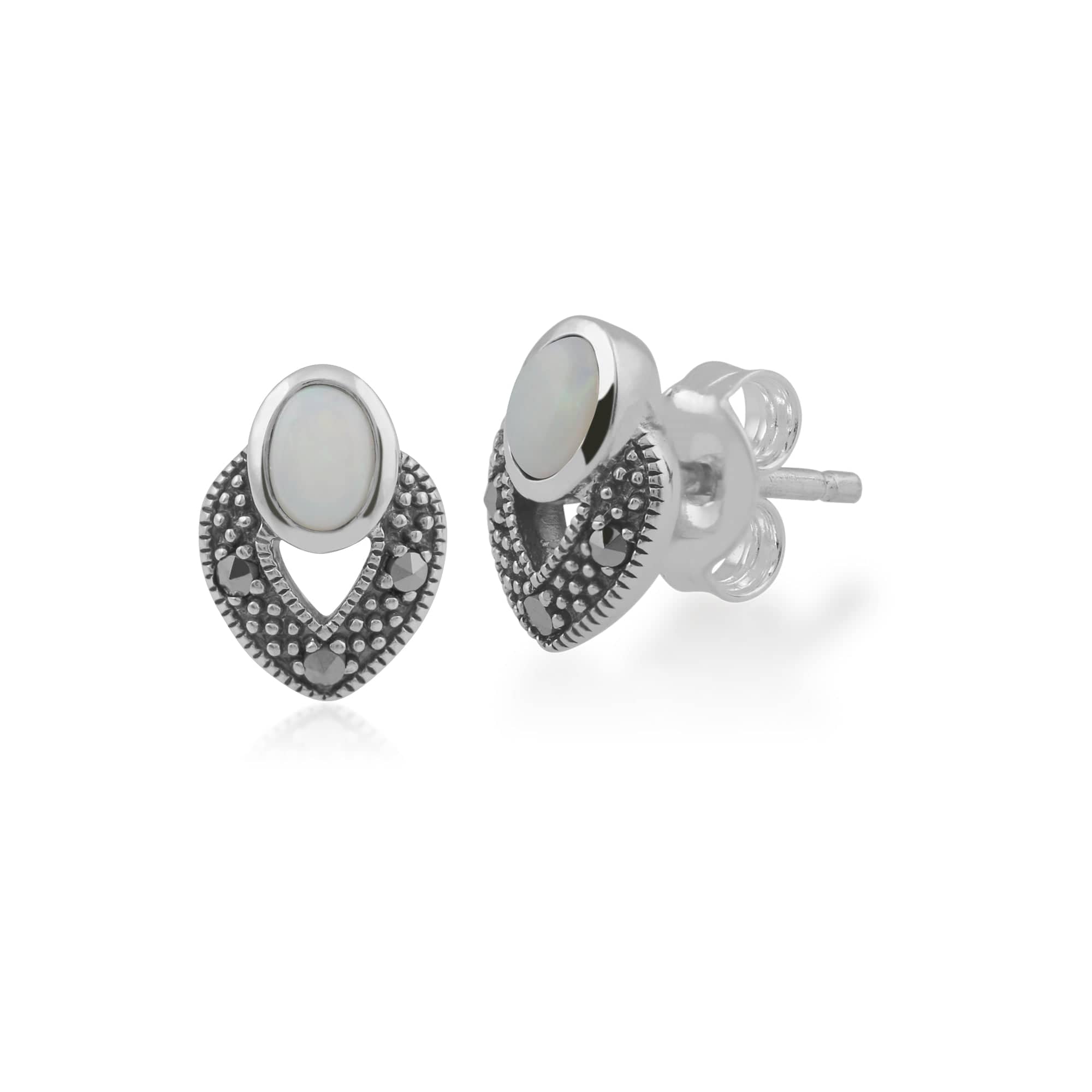 Art Deco Style Oval Opal & Marcasite Stud Earrings & Pendant Set in 925 Sterling Silver - Gemondo