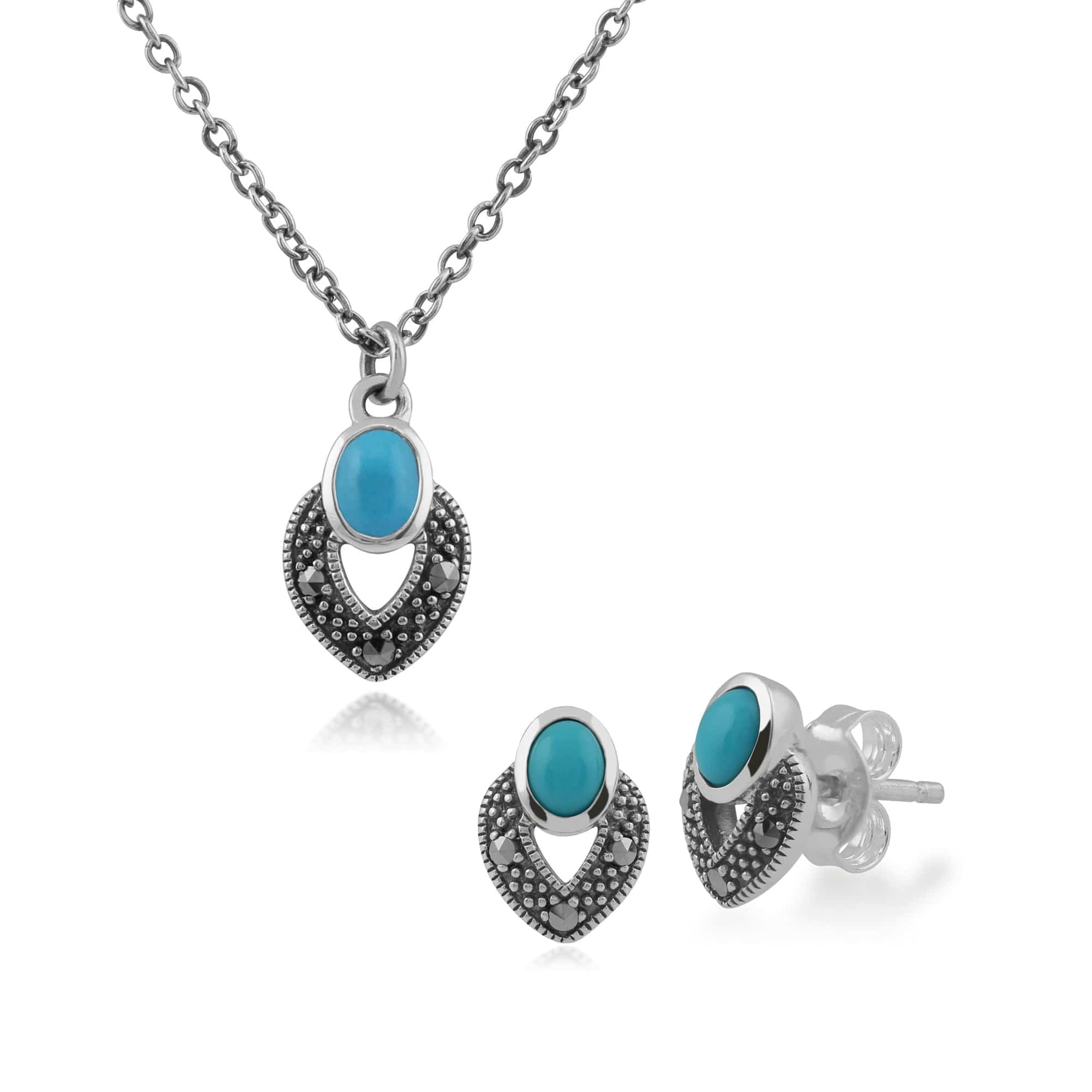 Art Deco Style Oval Turquoise & Marcasite Stud Earrings & Pendant Set in Sterling Silver - Gemondo