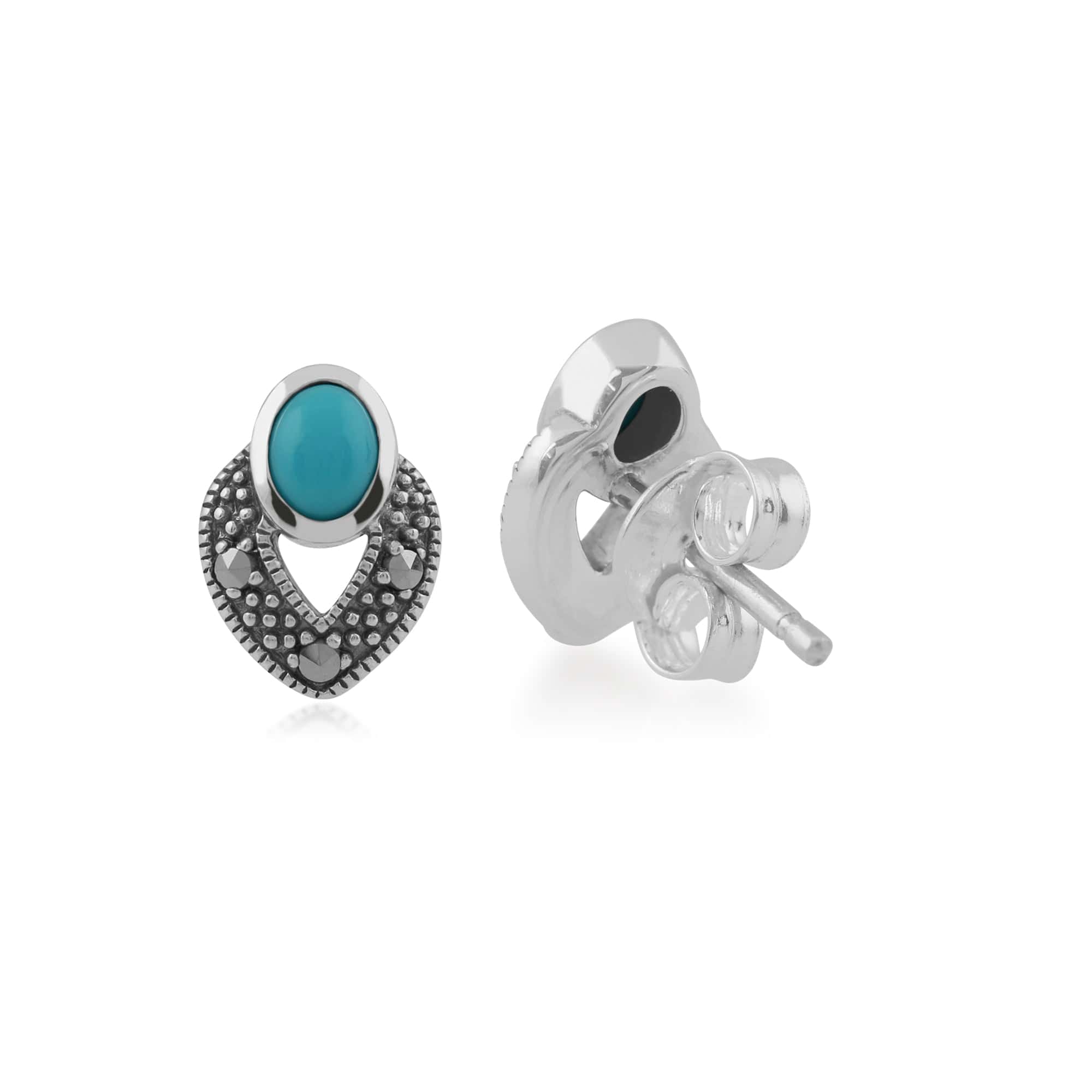 Art Deco Style Oval Turquoise & Marcasite Stud Earrings in 925 Sterling Silver - Gemondo