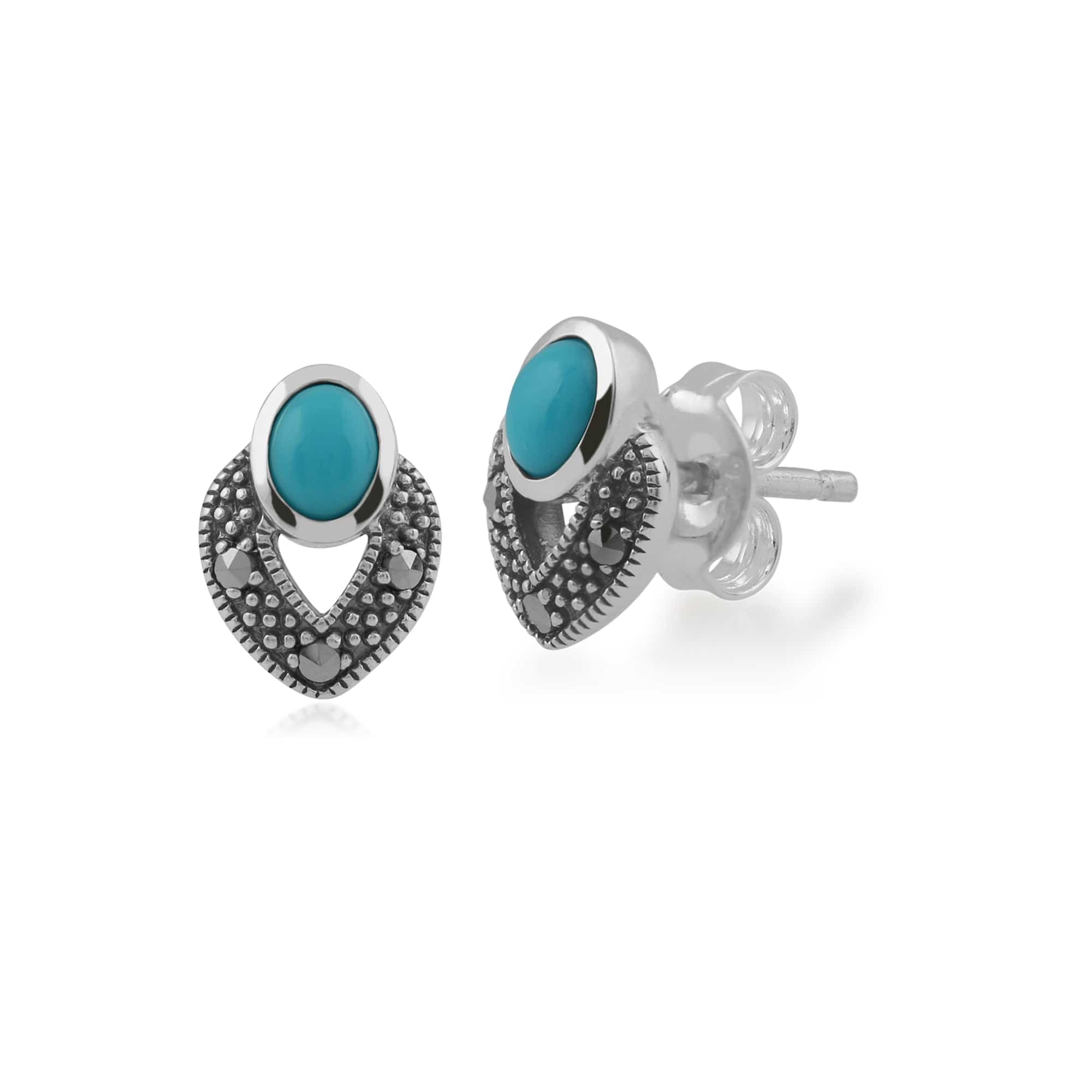 Art Deco Style Oval Turquoise & Marcasite Stud Earrings in 925 Sterling Silver - Gemondo