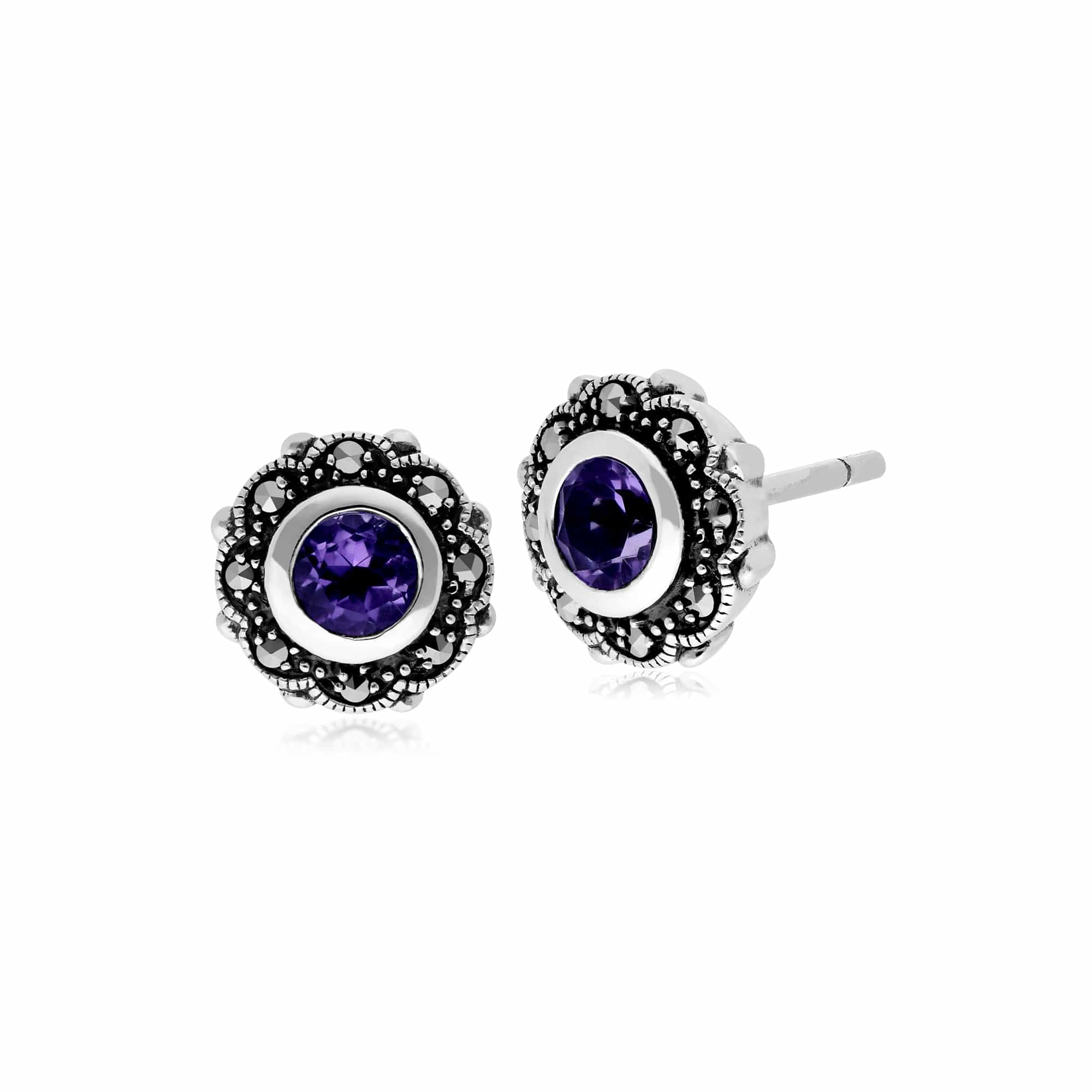 214E852402925 Art Nouveau Style Round Amethyst & Marcasite Floral Stud Earrings in 925 Sterling Silver 1