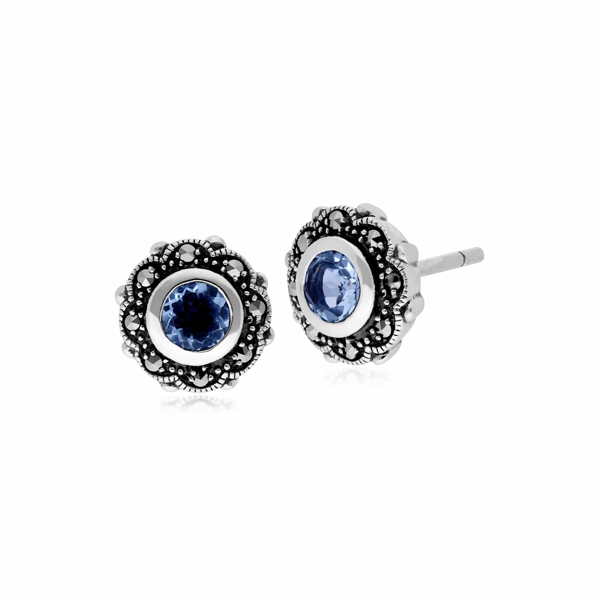 214E852403925 Art Nouveau Style Round Blue Topaz & Marcasite Floral Stud Earrings in 925 Sterling Silver 1