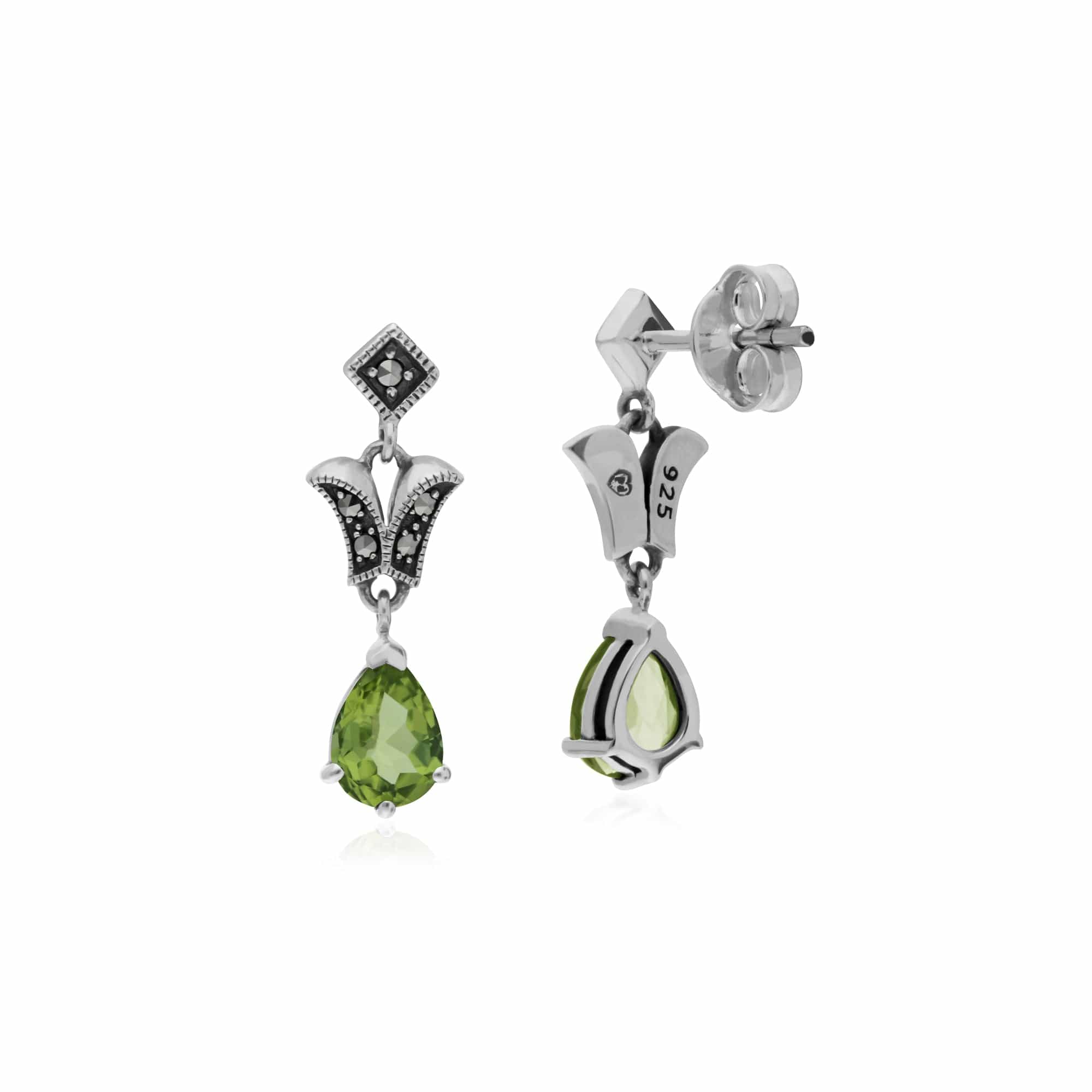 214E859603925 Art Nouveau Style Pear Peridot & Marcasite Drop Earrings in 925 Sterling Silver 2