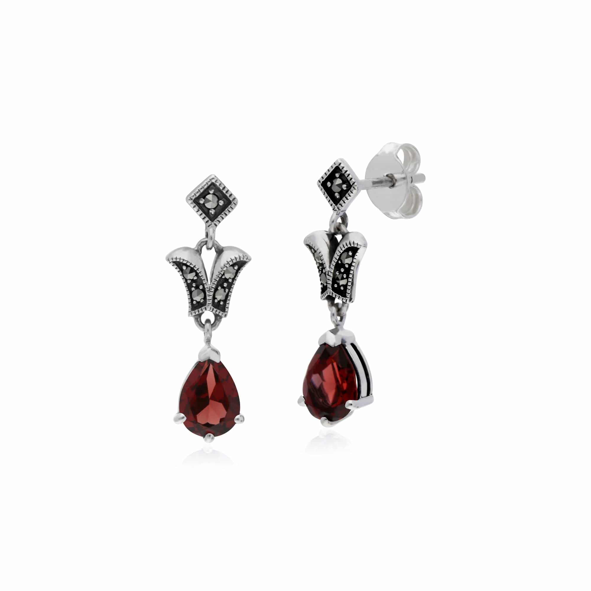 214E859604925 Art Nouveau Style Pear Garnet & Marcasite Drop Earrings in 925 Sterling Silver 1