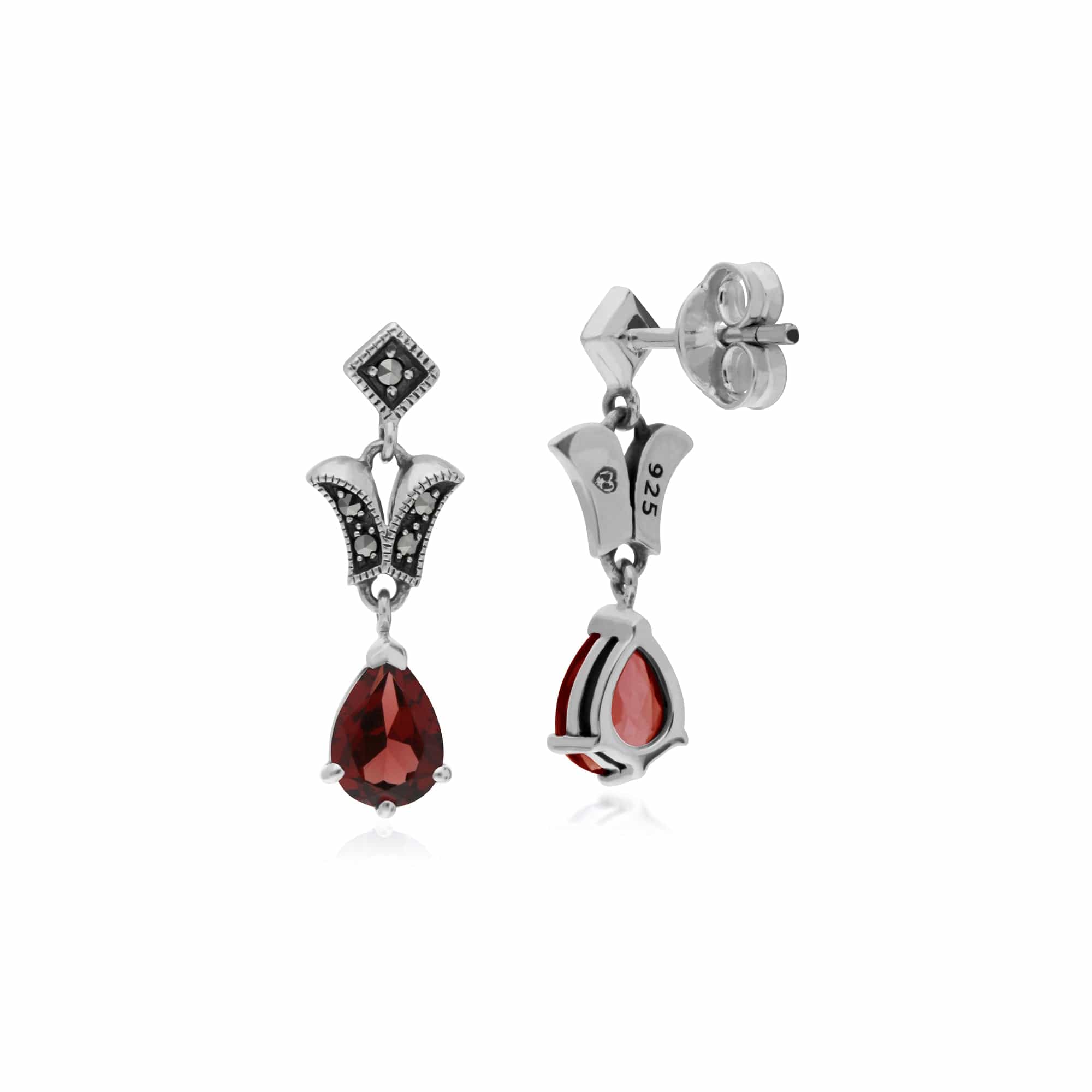 214E859604925 Art Nouveau Style Pear Garnet & Marcasite Drop Earrings in 925 Sterling Silver 2