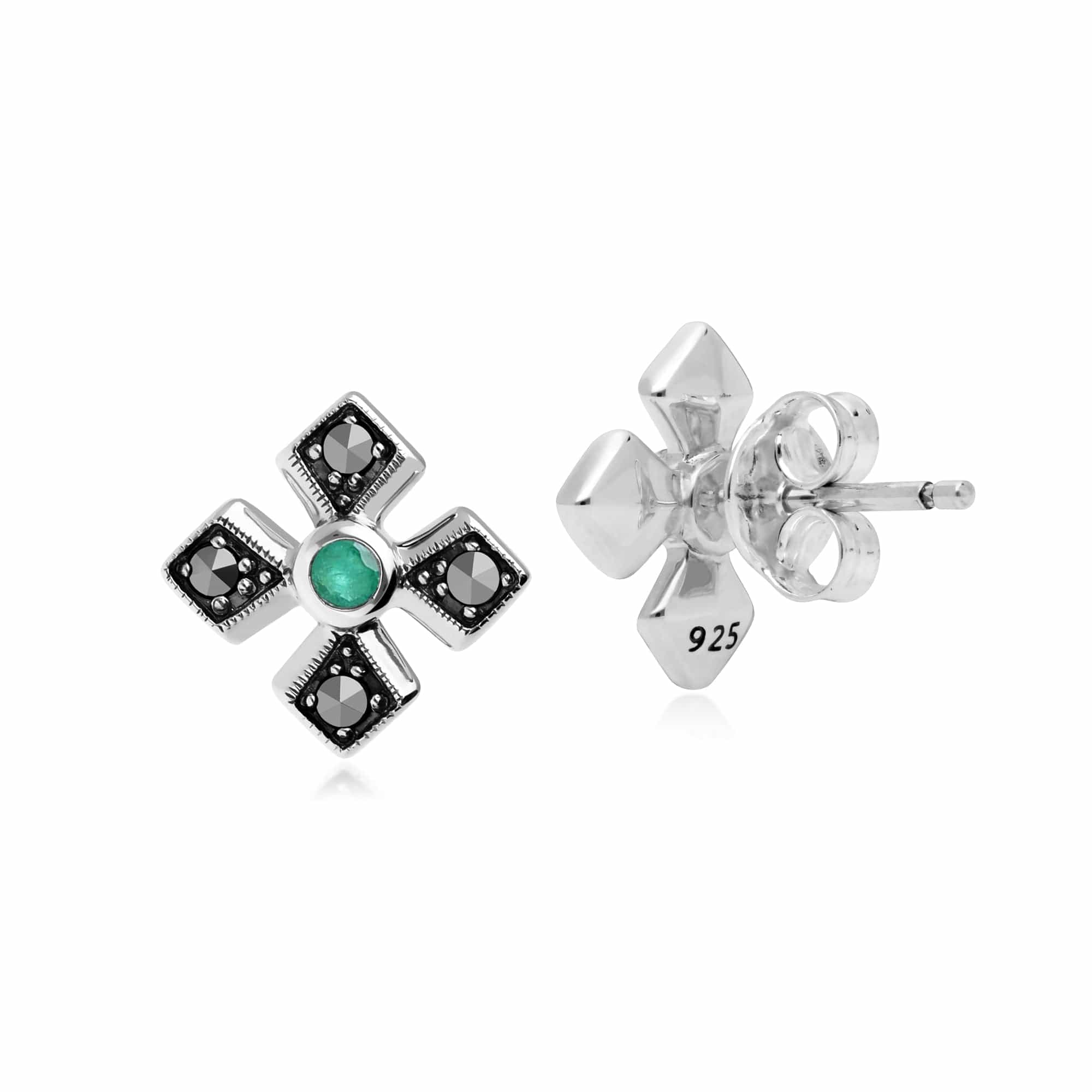 214E859703925 Gemondo Sterling Silver Marcasite & Emerald May Birthstone Earrings 2