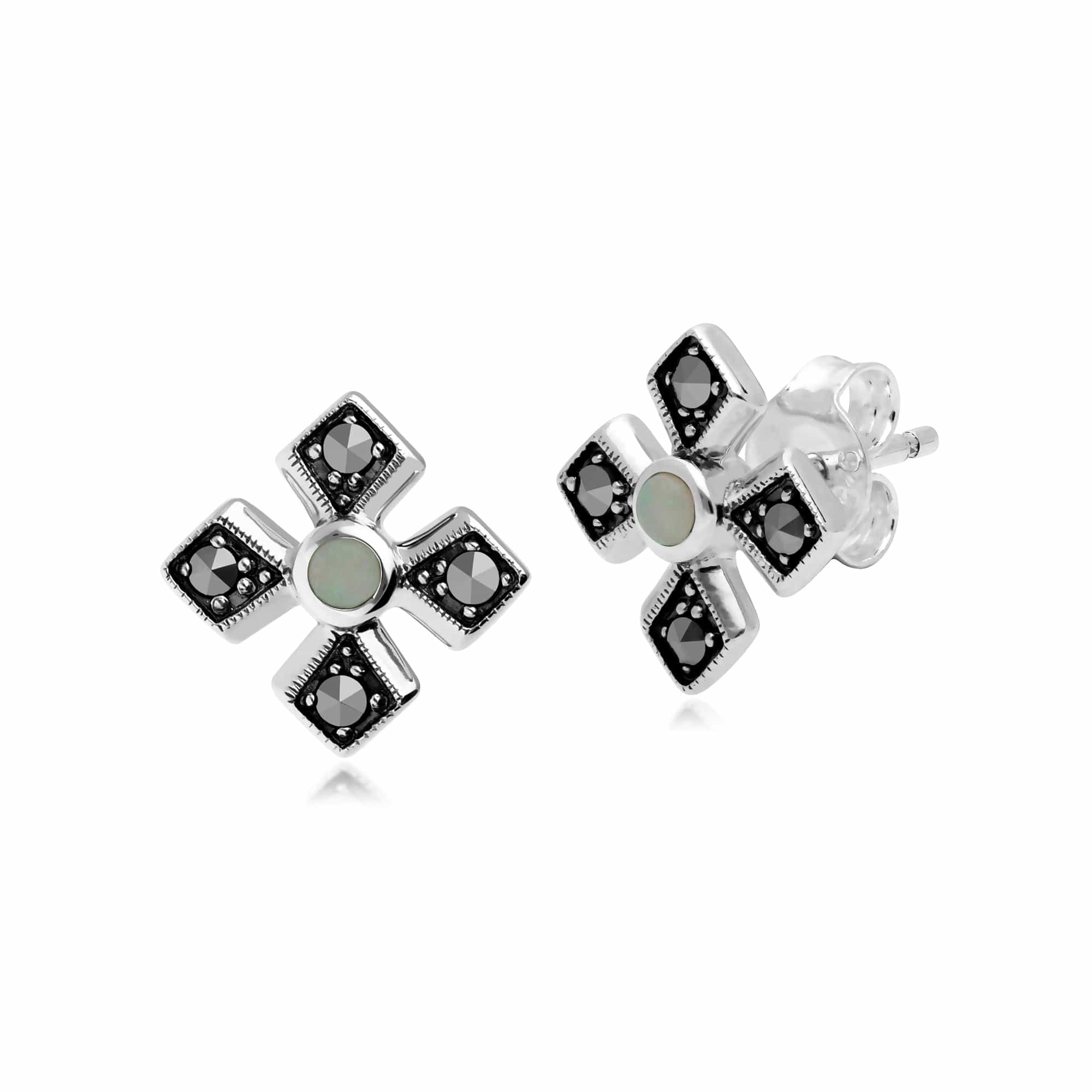 214E859901925 Art Deco Style Round Opal & Marcasite Gothic Style Cross Studs in 925 Sterling Silver 1