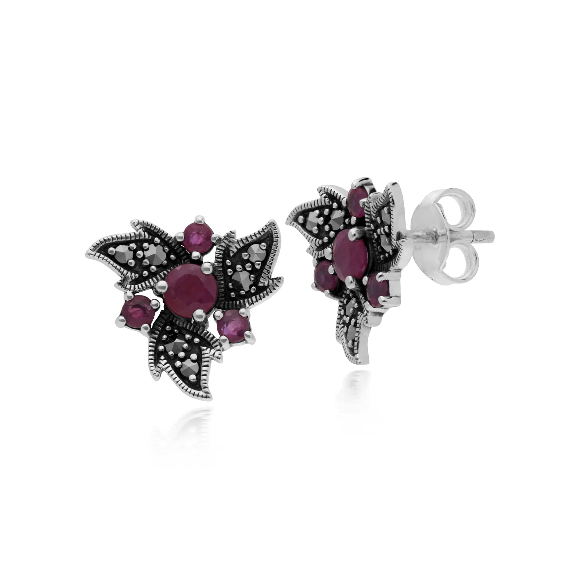 214E860405925 Gemondo Sterling Silver Ruby & Marcasite Art Nouveau Floral Earrings 1
