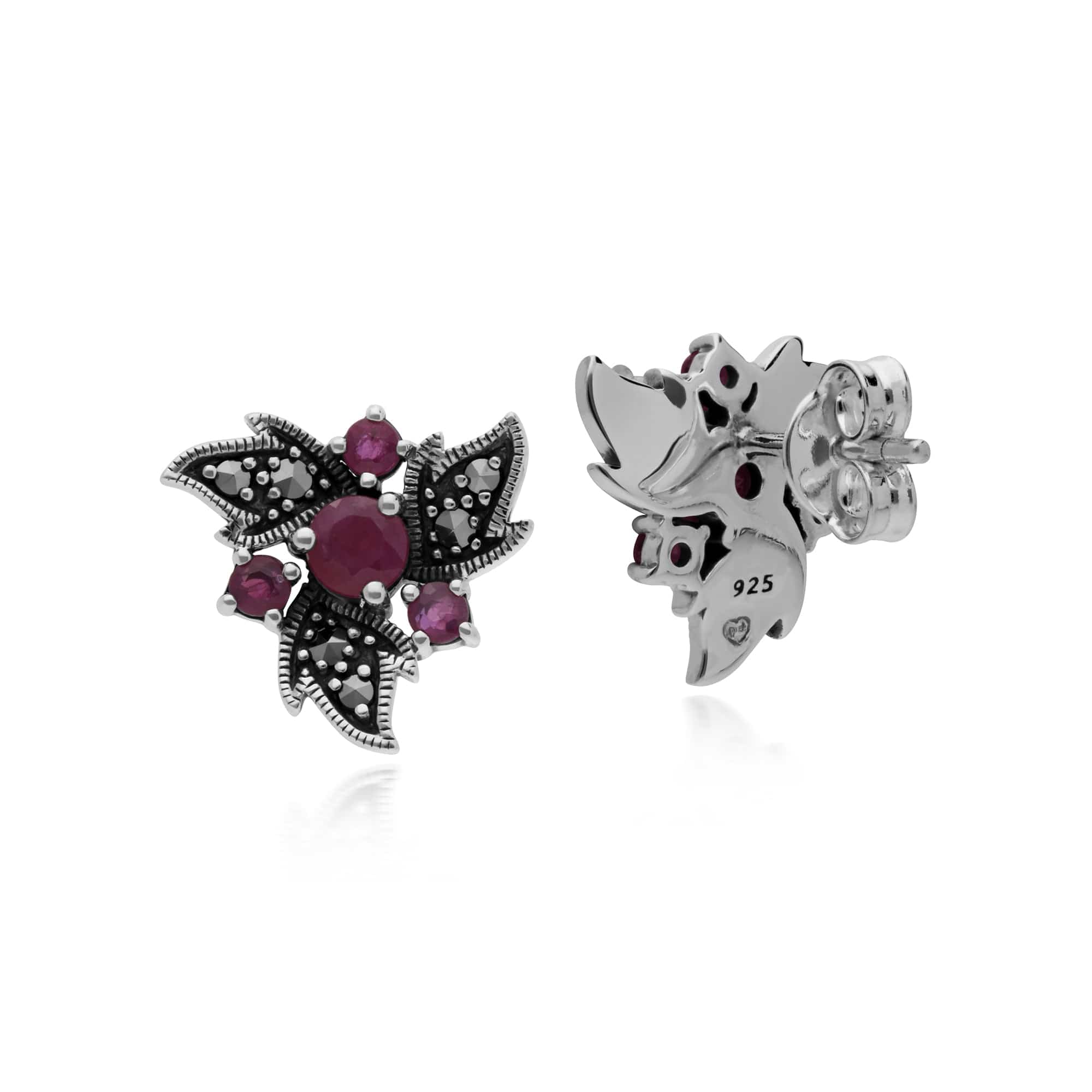 214E860405925 Gemondo Sterling Silver Ruby & Marcasite Art Nouveau Floral Earrings 2
