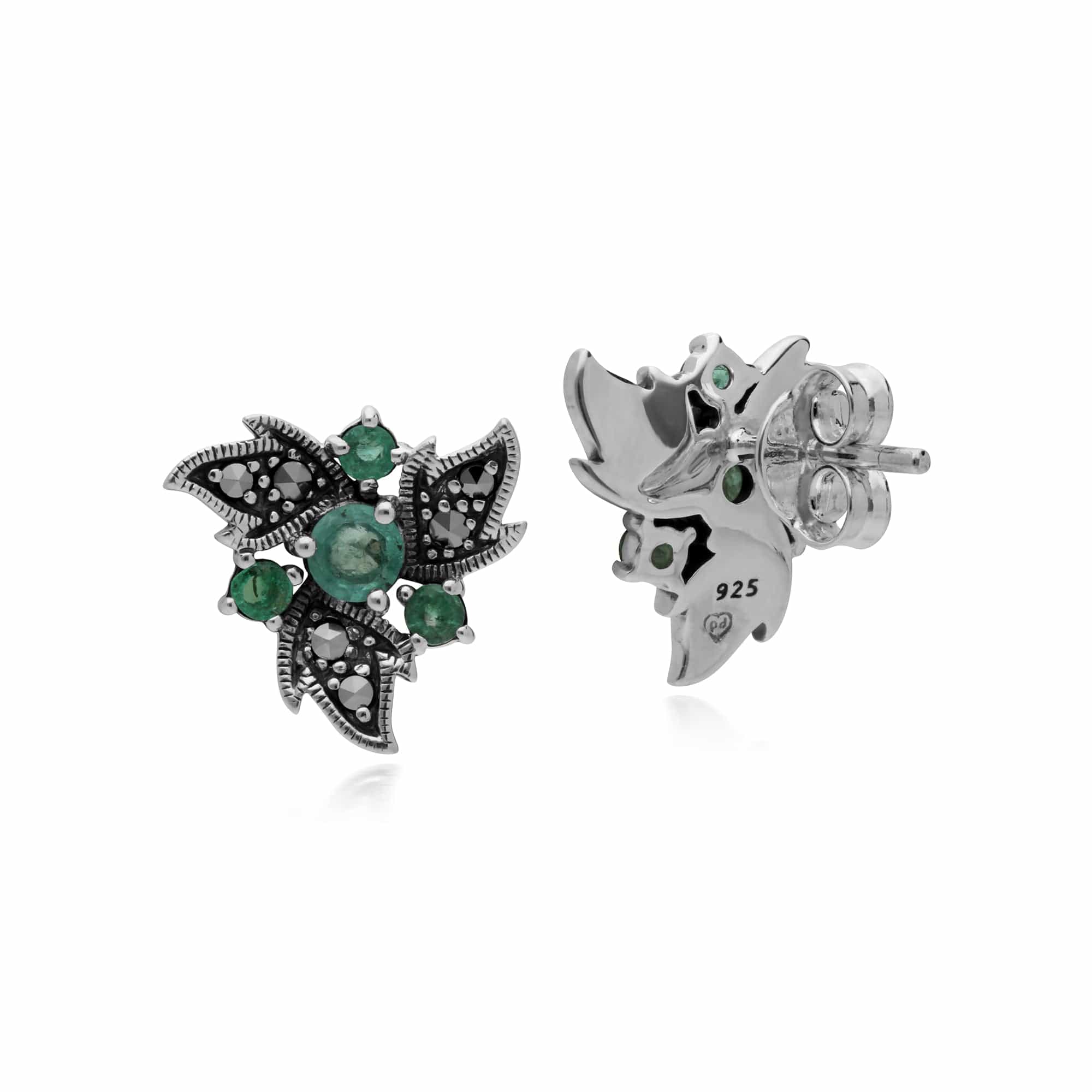 214E860407925 Art Nouveau Style Round Emerald & Marcasite Floral Stud Earrings in Sterling Silver 2
