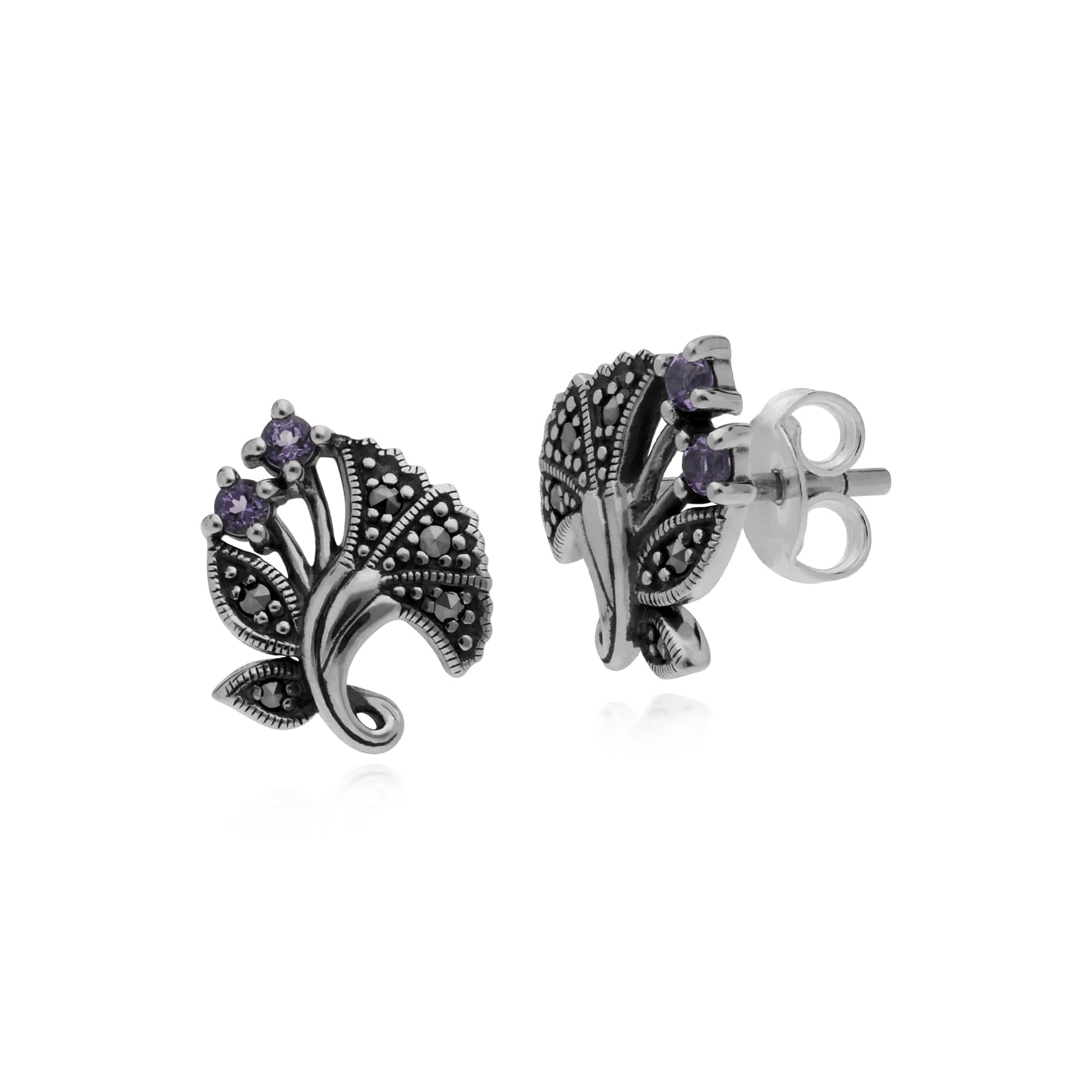 214E860502925 Gemondo Sterling Silver Amethyst & Marcasite February Art Nouveau Stud Earrings 1
