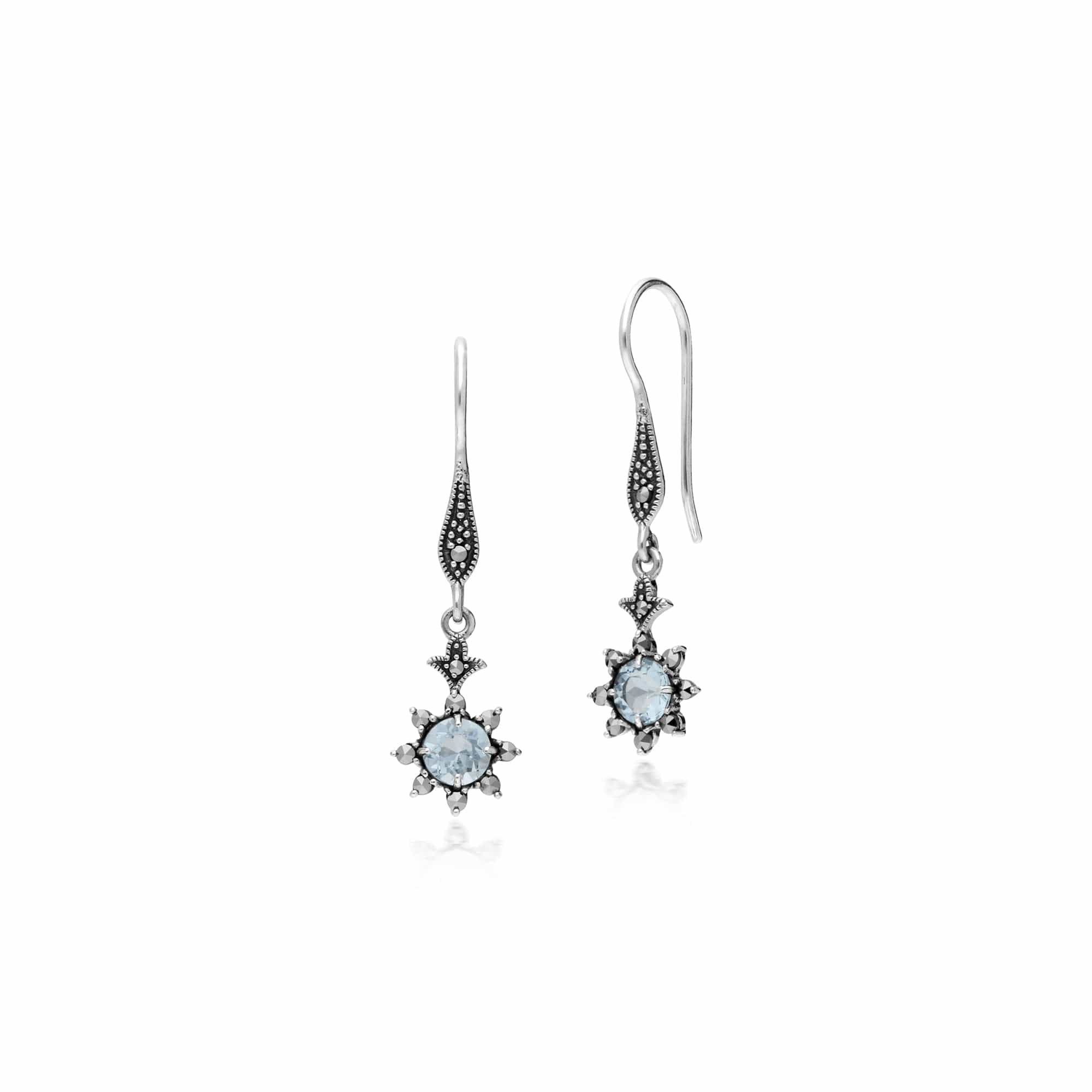214E860601925 Floral Round Blue Topaz & Marcasite Drop Earrings in 925 Sterling Silver 1