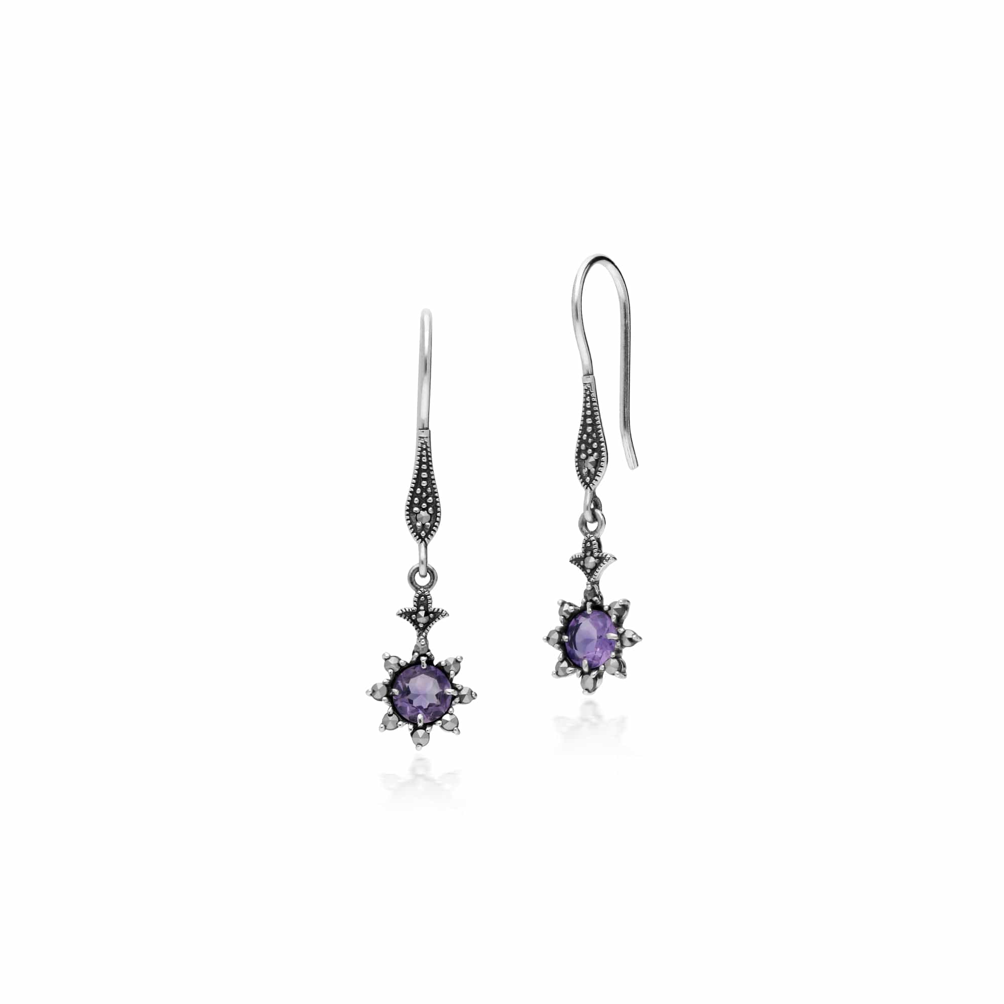 Floral Round Amethyst & Marcasite Drop Earrings in 925 Sterling Silver - Gemondo