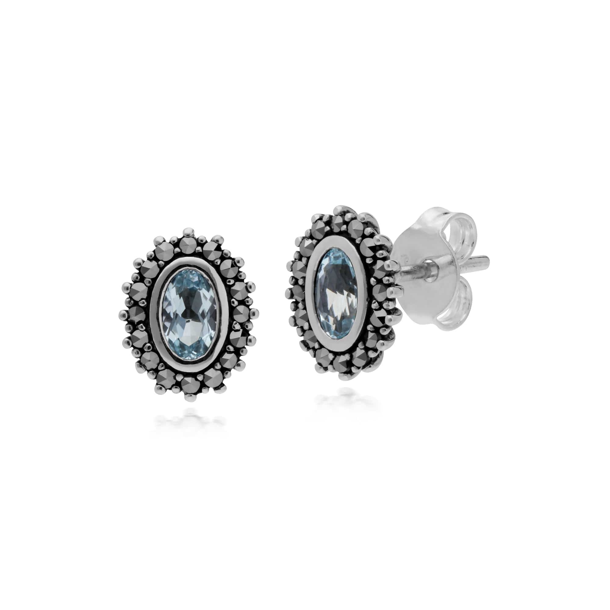 214E860901925-214R599701925 Art Deco Style Oval Blue Topaz & Marcasite Halo Stud Earrings & Ring Set in 925 Sterling Silver 2