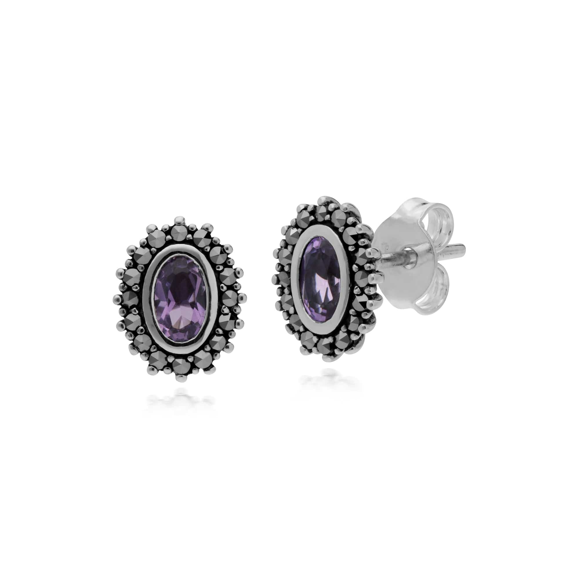 214E860902925 Gemondo Sterling Silver Amethyst & Marcasite February Art Nouveau Stud Earrings 1