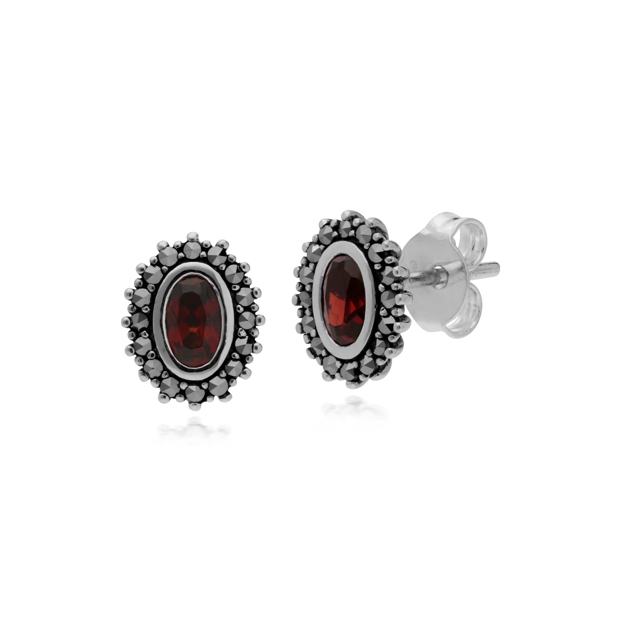 214E860903925 Sterling Silver Mozambique Garnet & Marcasite January Art Nouveau Stud Earrings 1