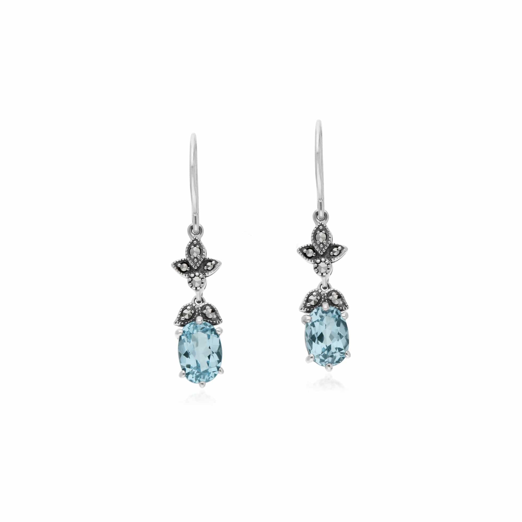 214E861103925 Art Nouveau Style Oval Blue Topaz & Marcasite Drop Earrings in 925 Sterling Silver 1