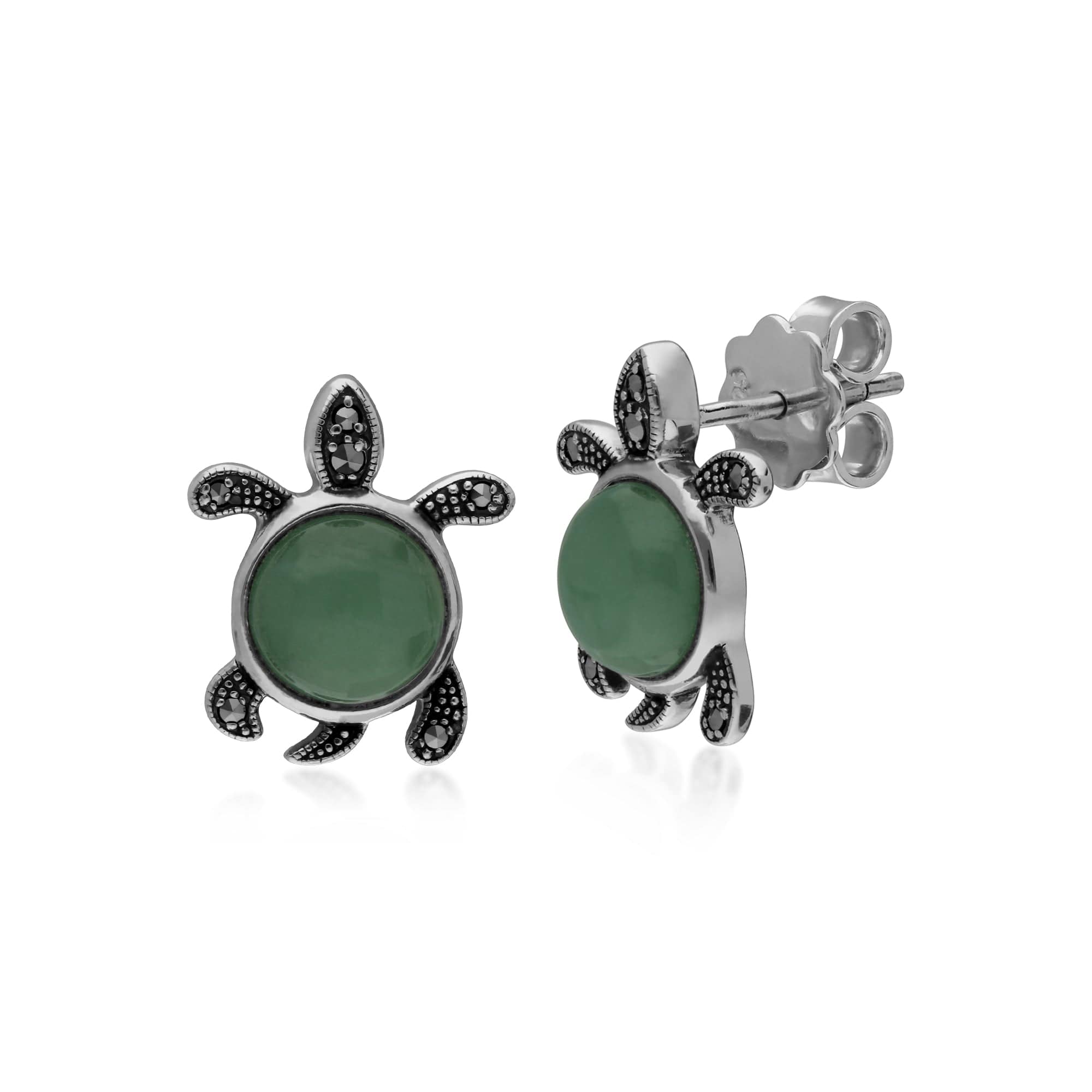 214E863701925 Classic Round Green Jade & Marcasite Turtle Stud Earrings in 925 Sterling Silver 1