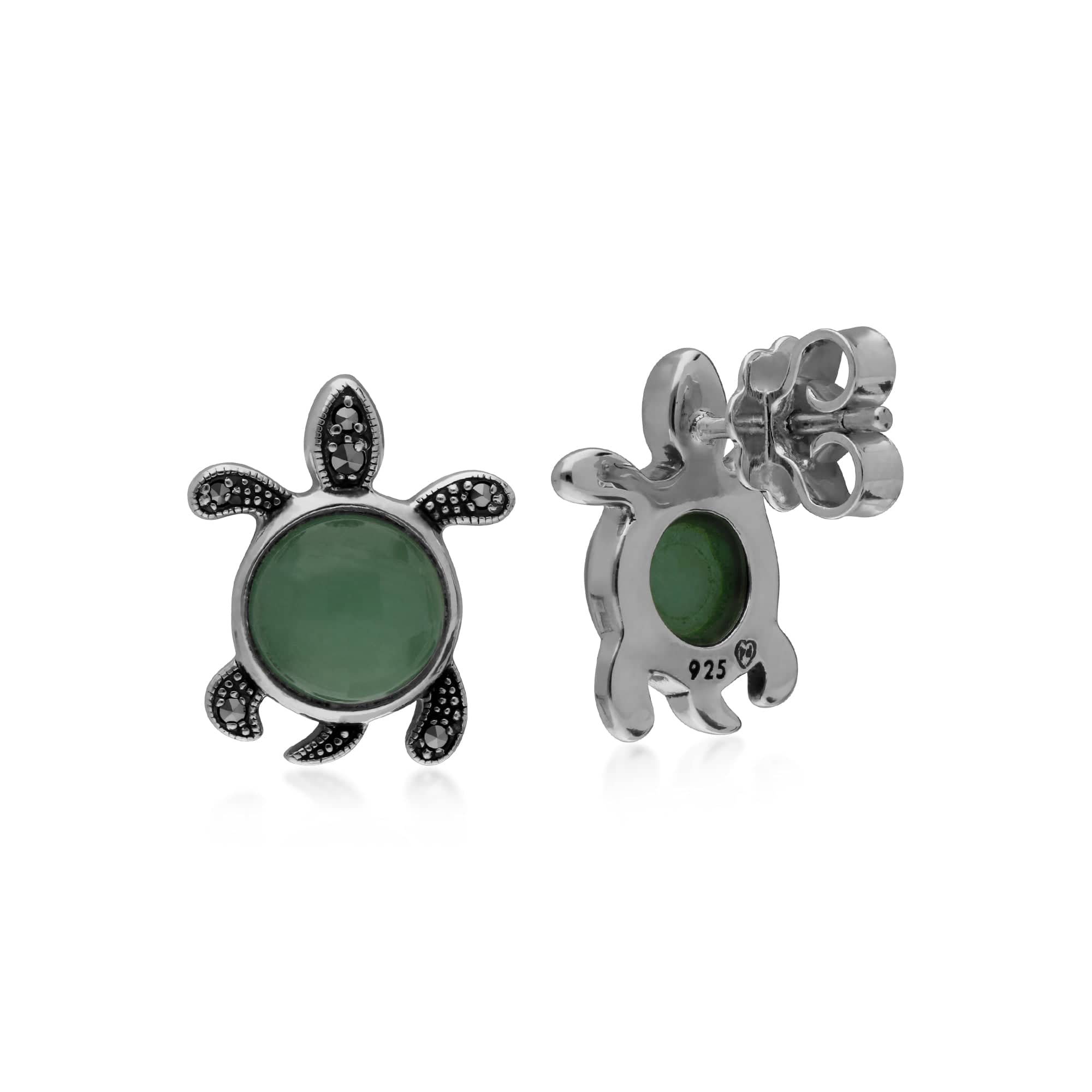214E863701925 Classic Round Green Jade & Marcasite Turtle Stud Earrings in 925 Sterling Silver 2