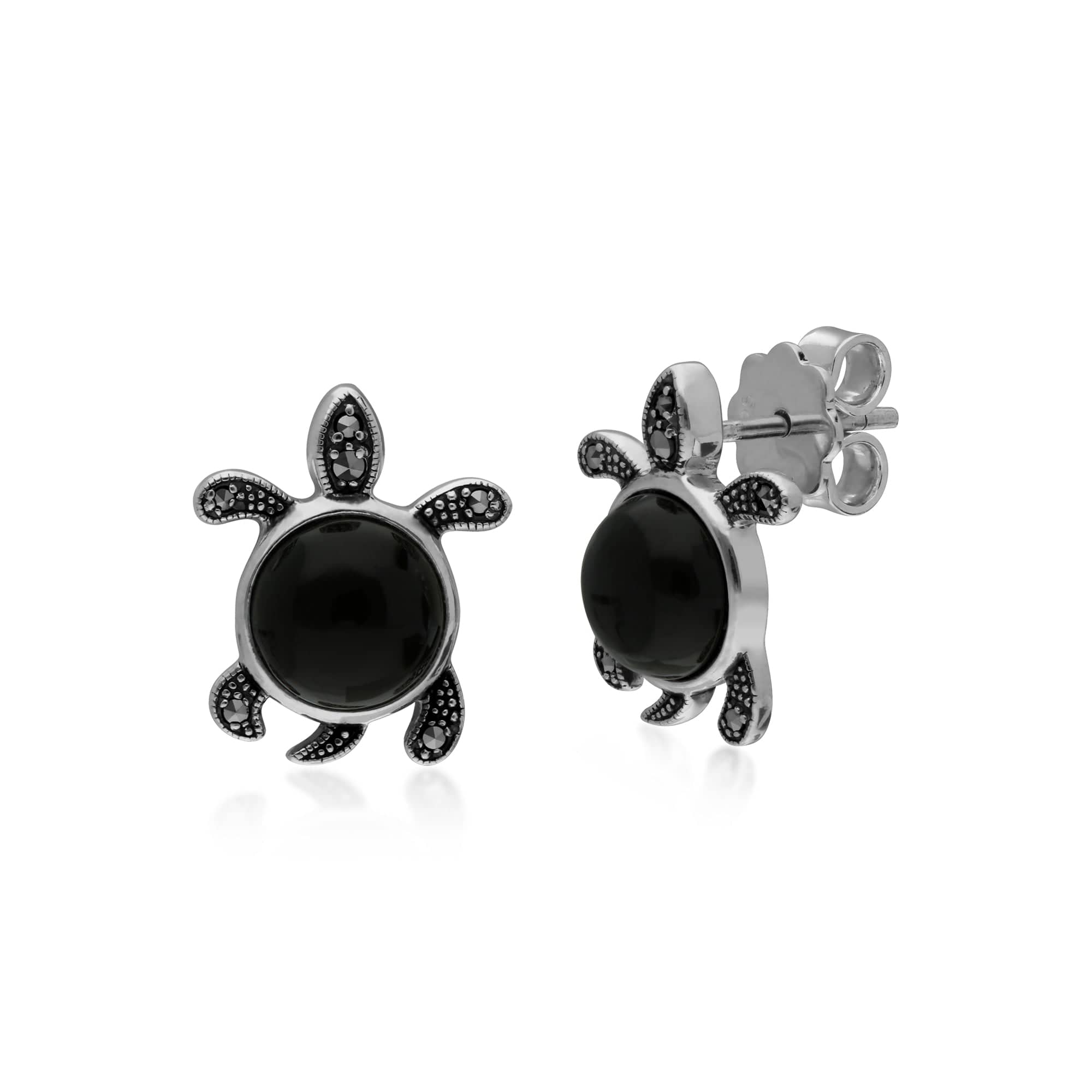 214E863702925 Gemondo Sterling Silver Black Onyx & Marcasite Turtle Stud Earrings 1
