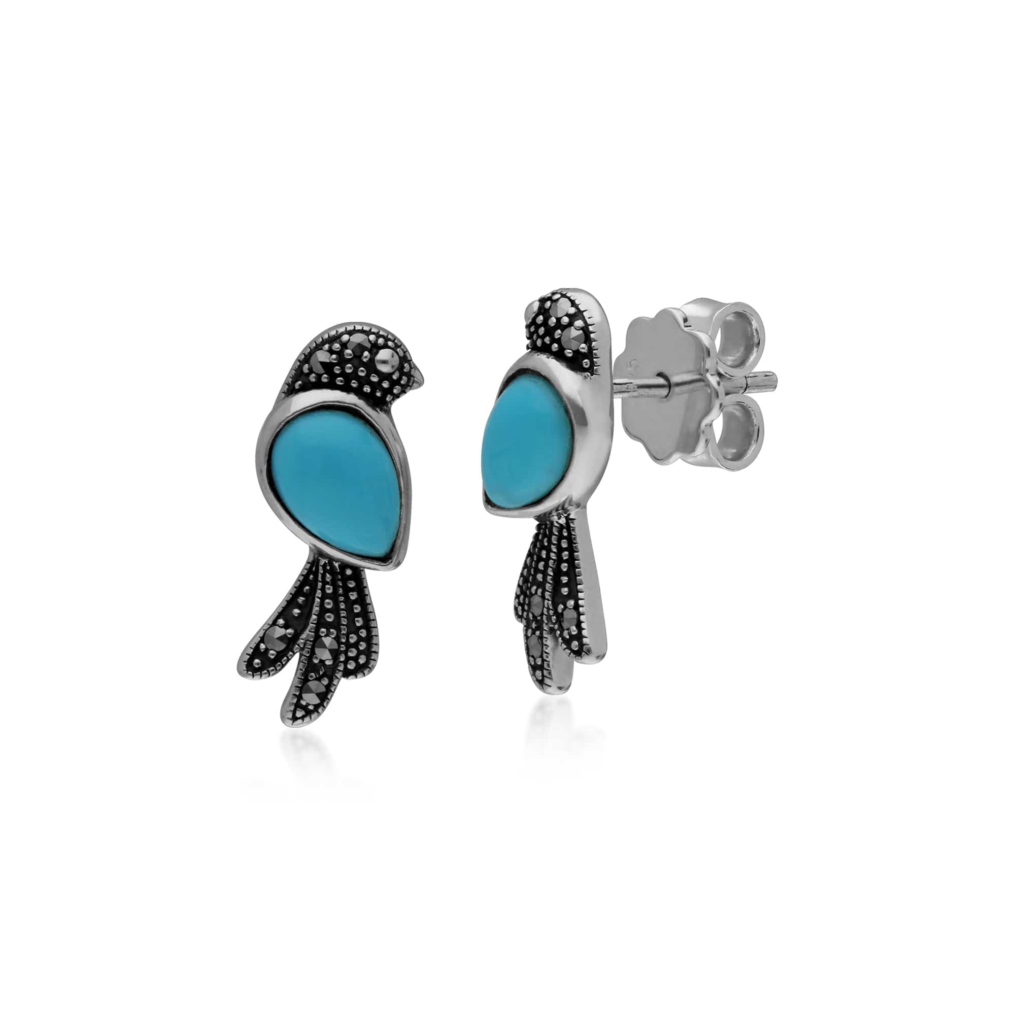 214E863801925 Classic Pear Turquoise & Marcasite Bird Stud Earrings in 925 Sterling Silver 1