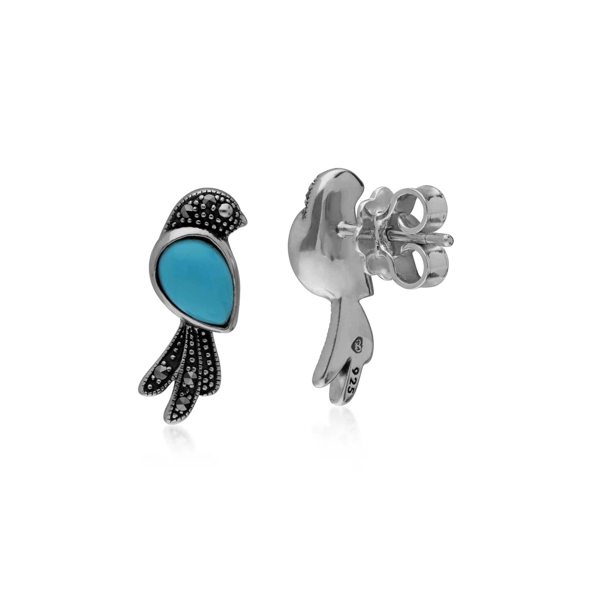 214E863801925 Classic Pear Turquoise & Marcasite Bird Stud Earrings in 925 Sterling Silver 2