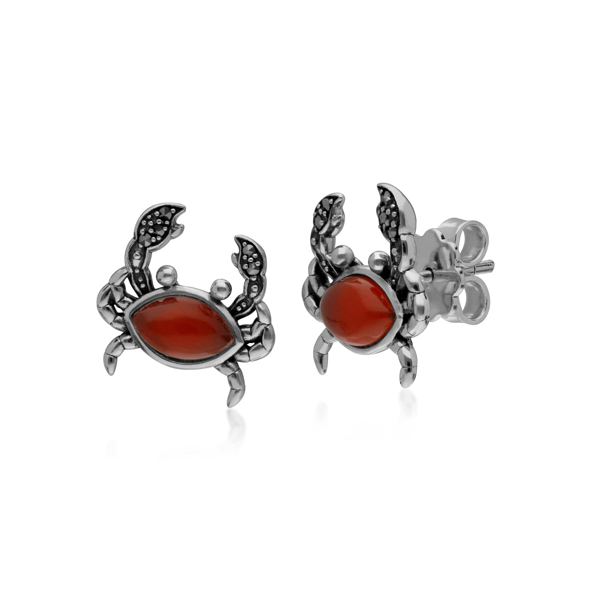 214E864003925 Red Dyed Carnelian & Marcasite Crab Stud Earrings In 925 Sterling Silver 1