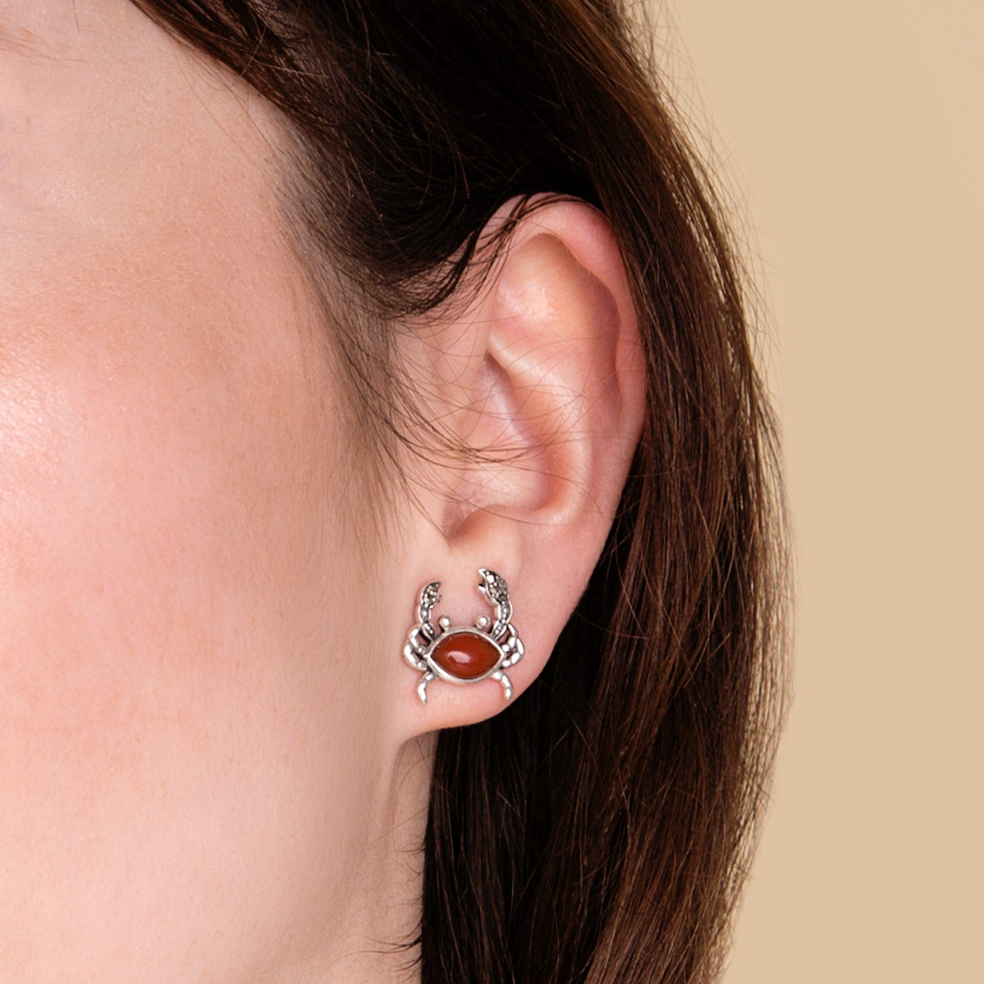 214E864003925 Red Dyed Carnelian & Marcasite Crab Stud Earrings In 925 Sterling Silver 2