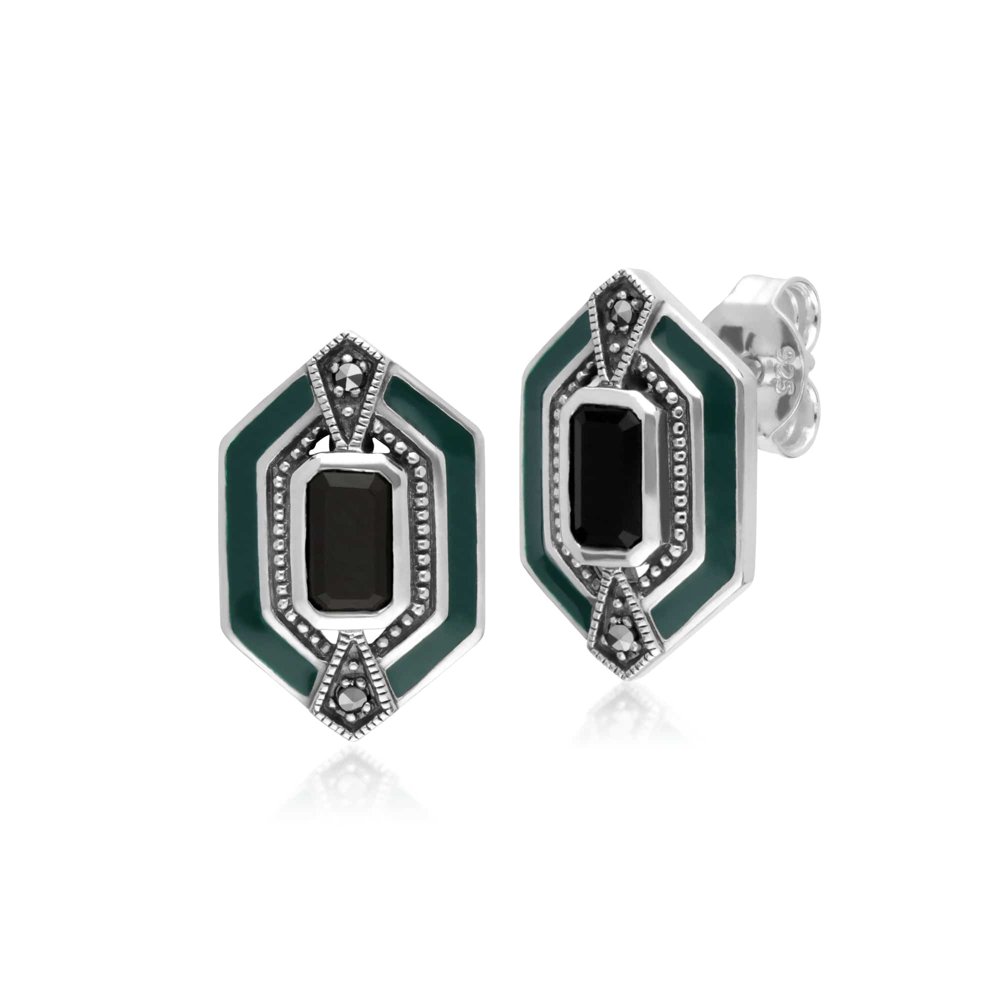 214E868104925-214P303401925 Art Deco Style Black Onyx, Marcasite & Green Enamel Hexagon Stud Earrings & Pendant Set in 925 Sterling Silver 2