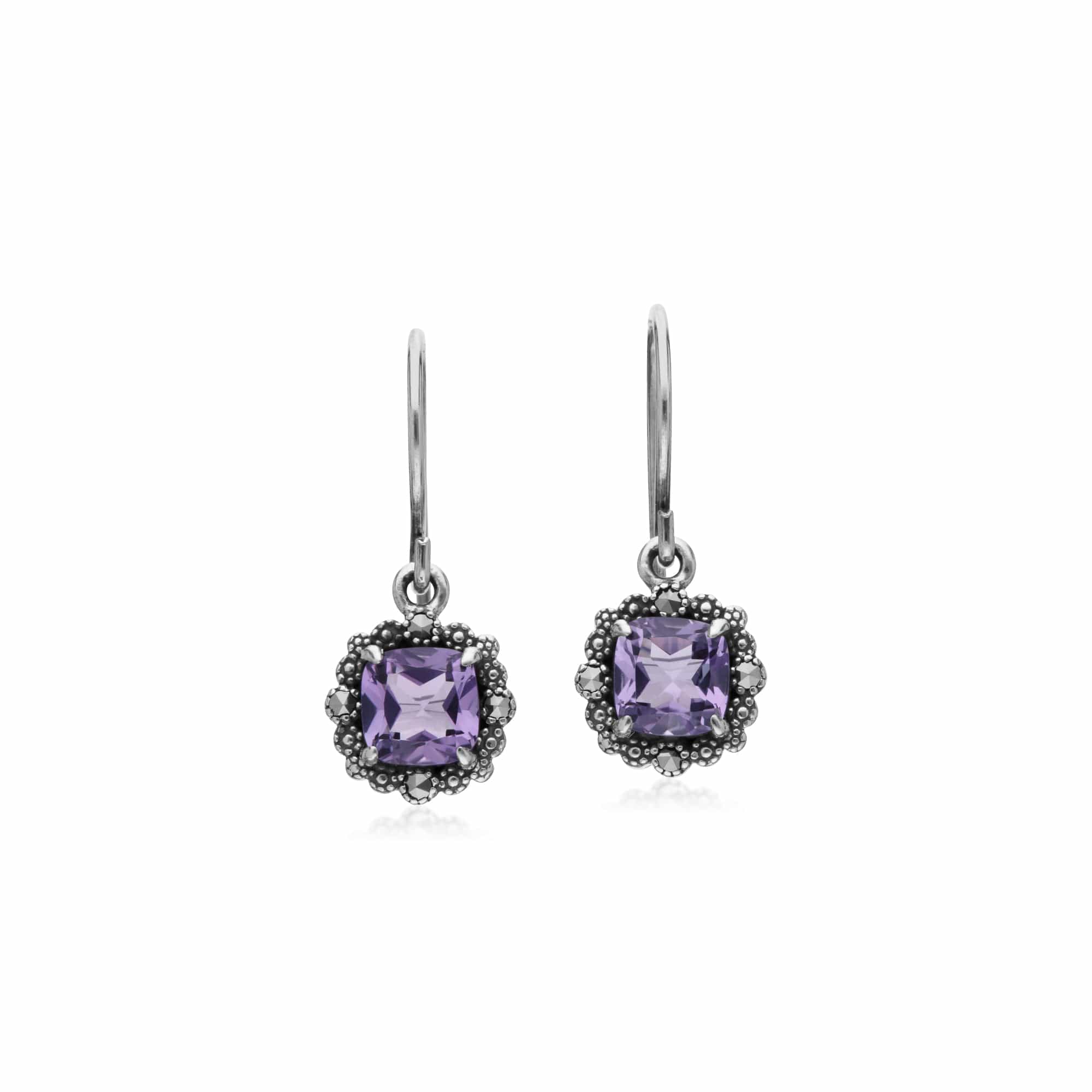 214E870902925 Art Deco Style Square Cushion Amethyst & Marcasite Drop Earrings in 925 Sterling Silver 1