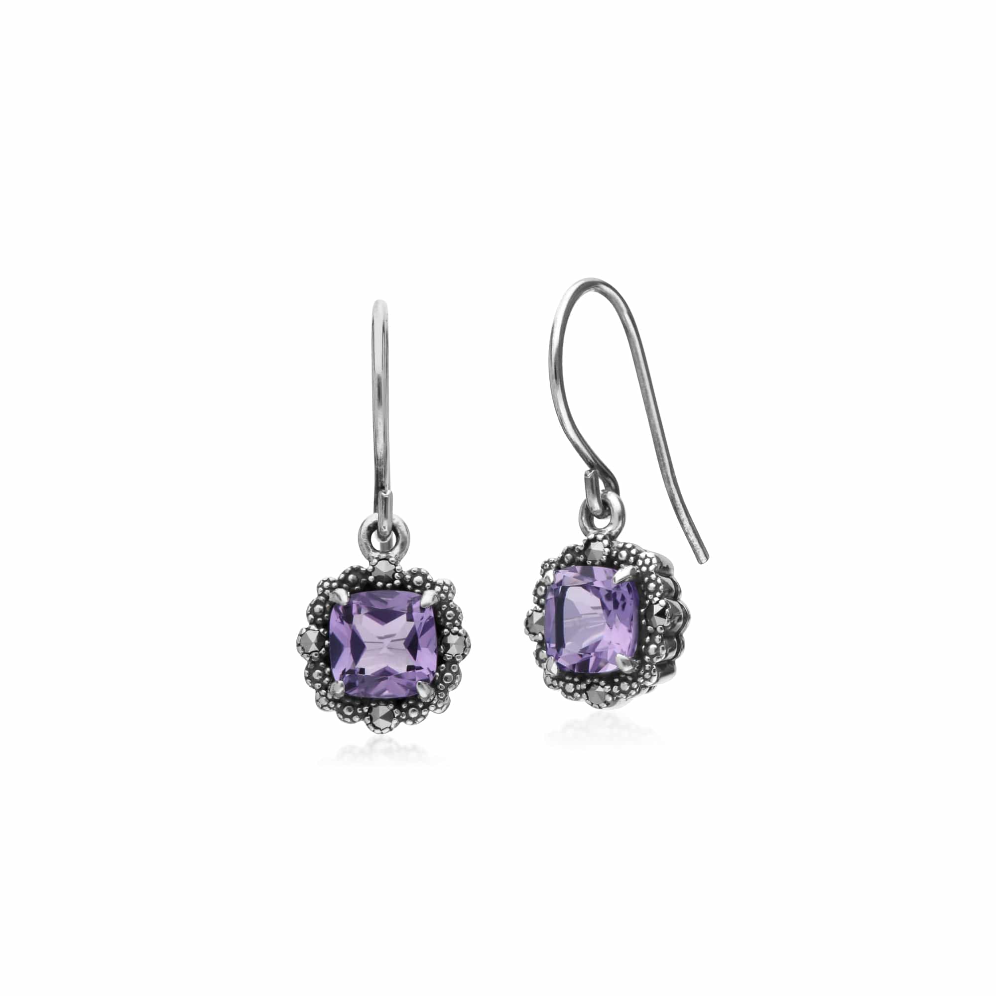 214E870902925 Art Deco Style Square Cushion Amethyst & Marcasite Drop Earrings in 925 Sterling Silver 2