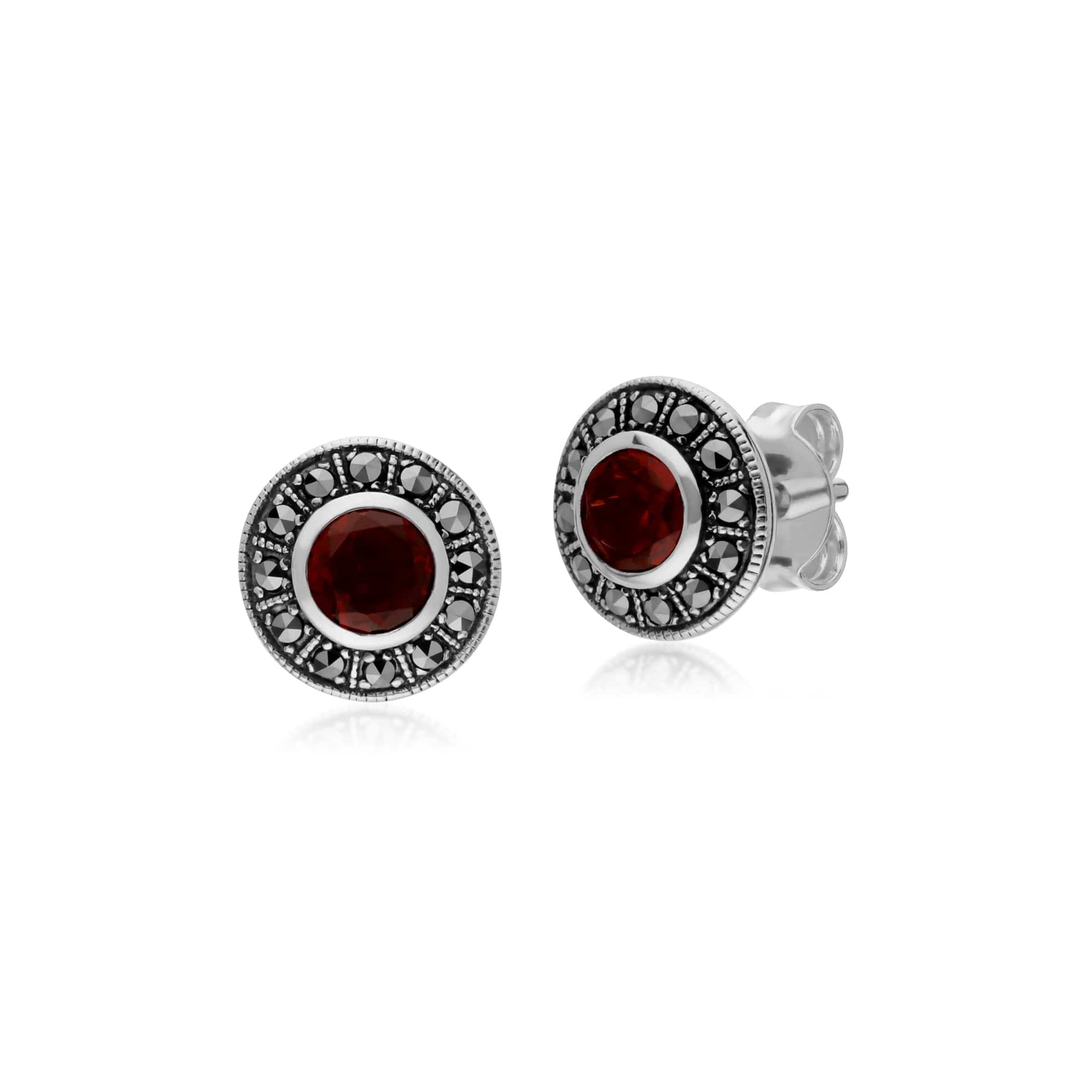 214E872703925-214N707303925 Art Deco Style Round Garnet and Marcasite Cluster Stud Earrings & Pendant Set in 925 Sterling Silver 2