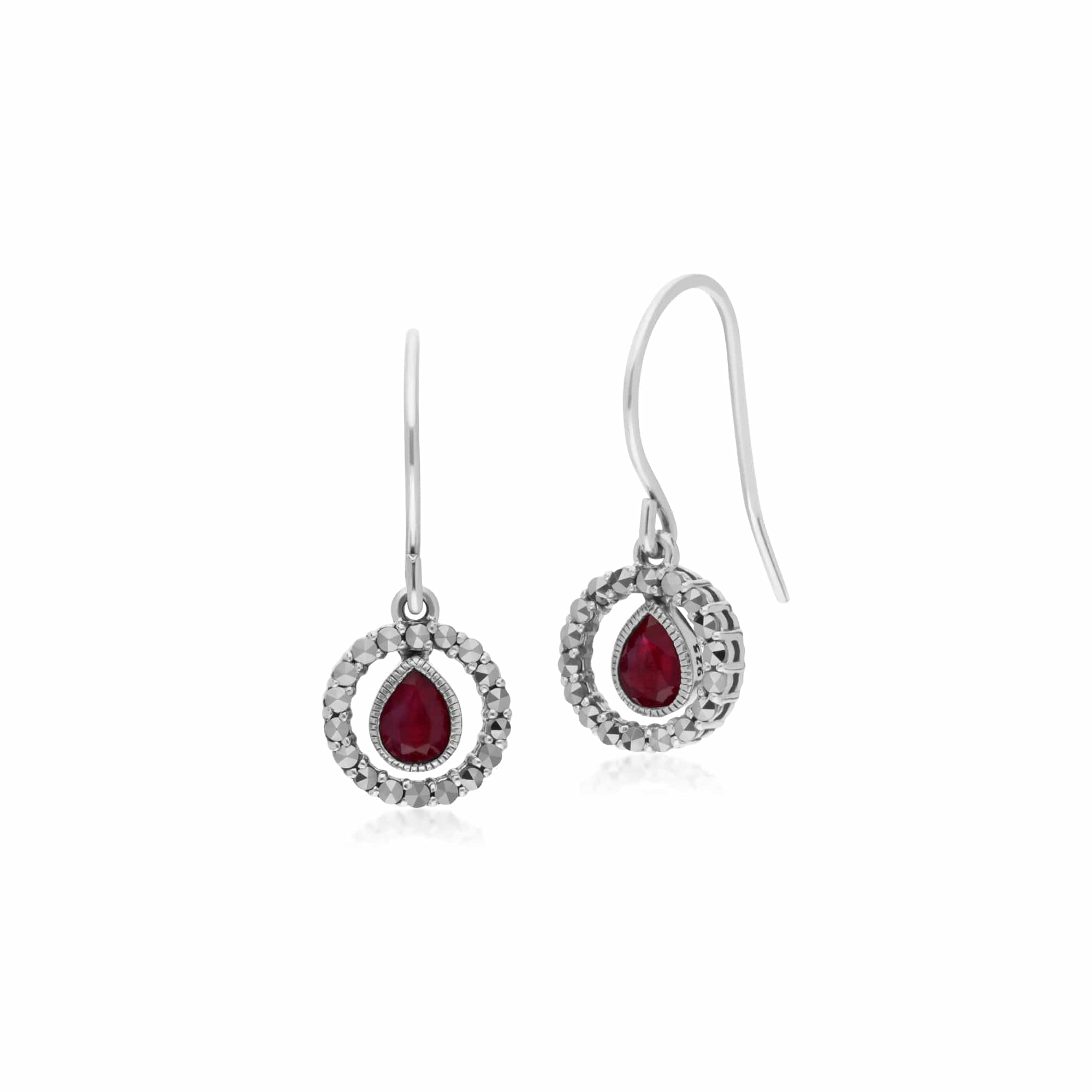 214E872801925 Classic Pear Ruby & Marcasite Round Halo Drop Earrings in 925 Sterling Silver 1