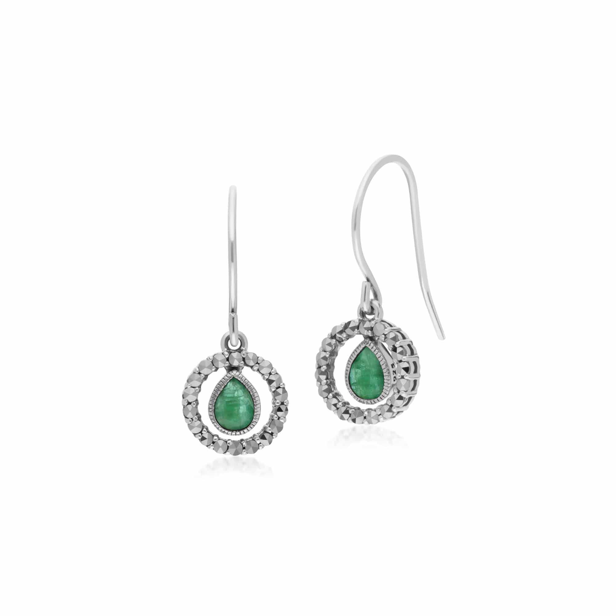 214E872803925 Classic Pear Emerald & Marcasite Round Halo Drop Earrings in 925 Sterling Silver 1