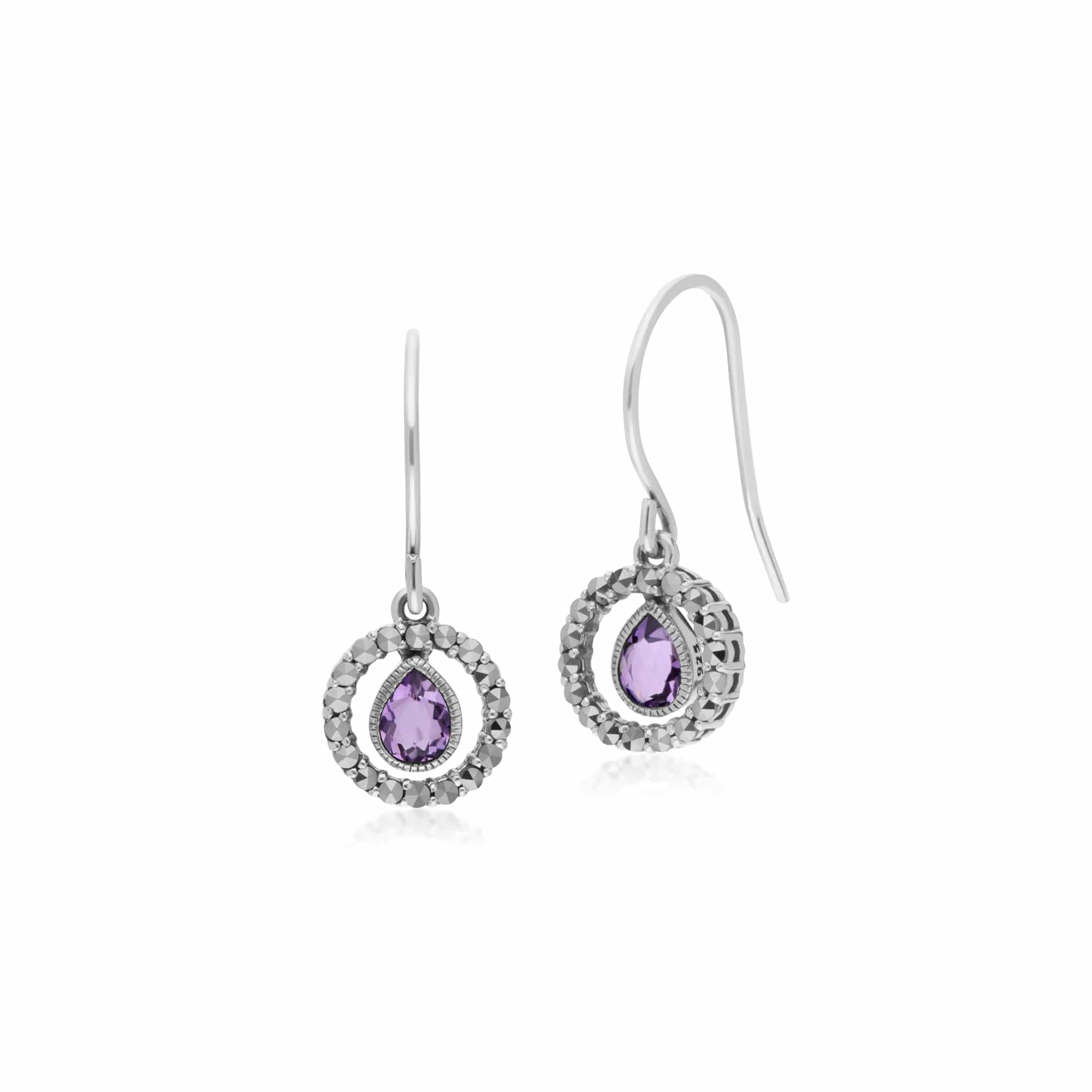214E872805925 Classic Pear Amethyst & Marcasite Round Halo Drop Earrings in Sterling Silver 1