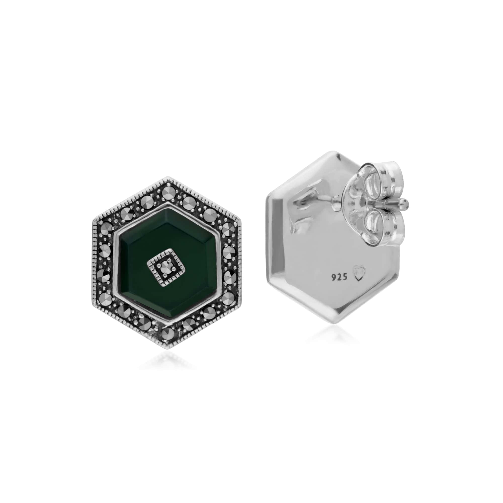 214E872901925 Art Deco Style Dyed Green Chalcedony & Marcasite hexagon Stud Earrings in 925 Sterling Silver 2