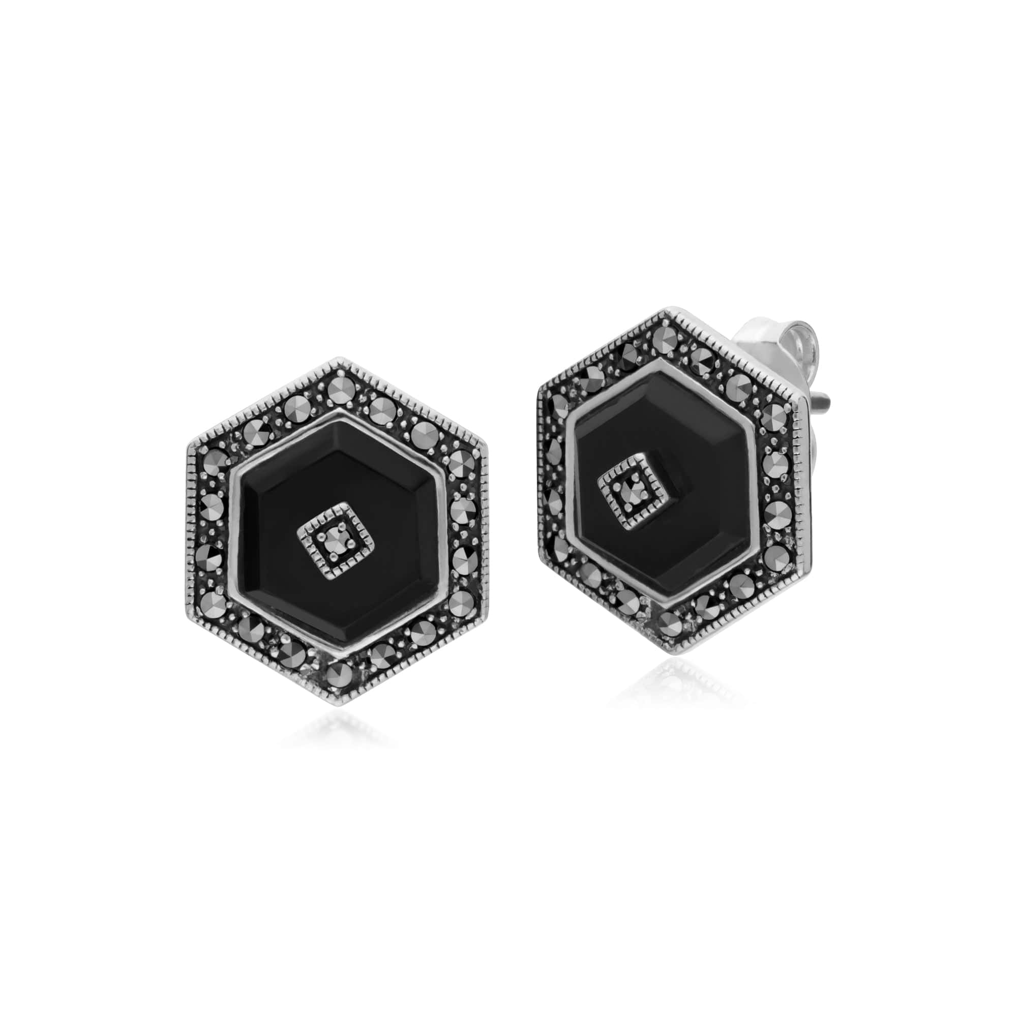 214E872902925-214P303502925 Art Deco Style Black Onyx and Marcasite Hexagon Stud Earrings & Pendant Set in 925 Sterling Silver 2